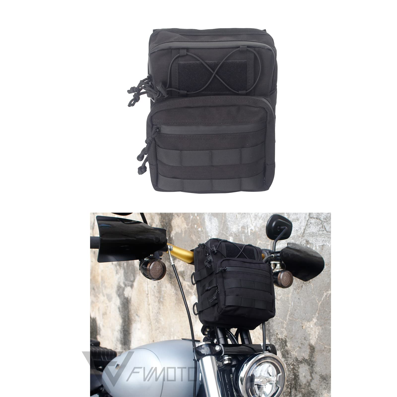 Fvmoto Universal Club Style Utility Molle Traveller Bar Handlebar T-Bar Bag Handle Bags, Fit For Harley Dyna Street Bob Fxbb Softail Sportster, Tool Pouch Trunk Storage Bag, Black (Dscbb000-Hd)