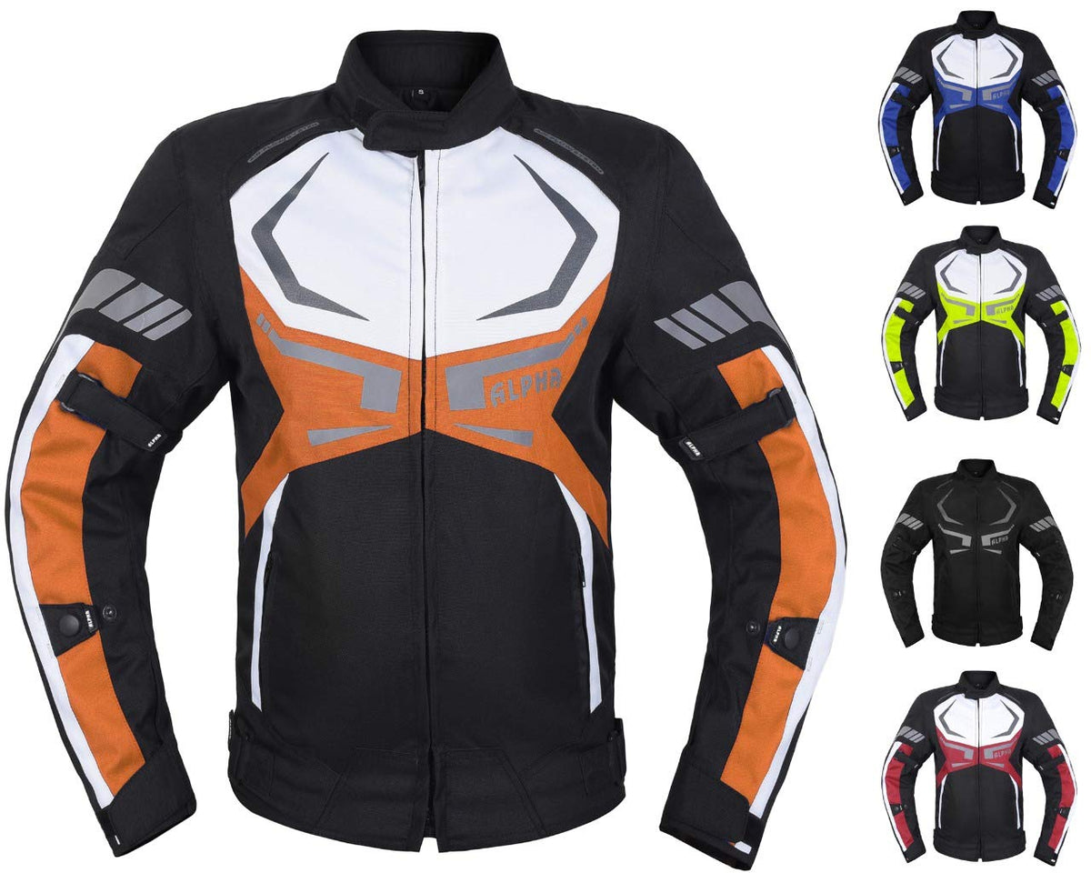 MOTORCYCLE JACKET MENS CE ARMORED BIKERS RIDING RACING WATERPROOF ALL SEASON JACKET (ORANGE, 2X-LARGE)