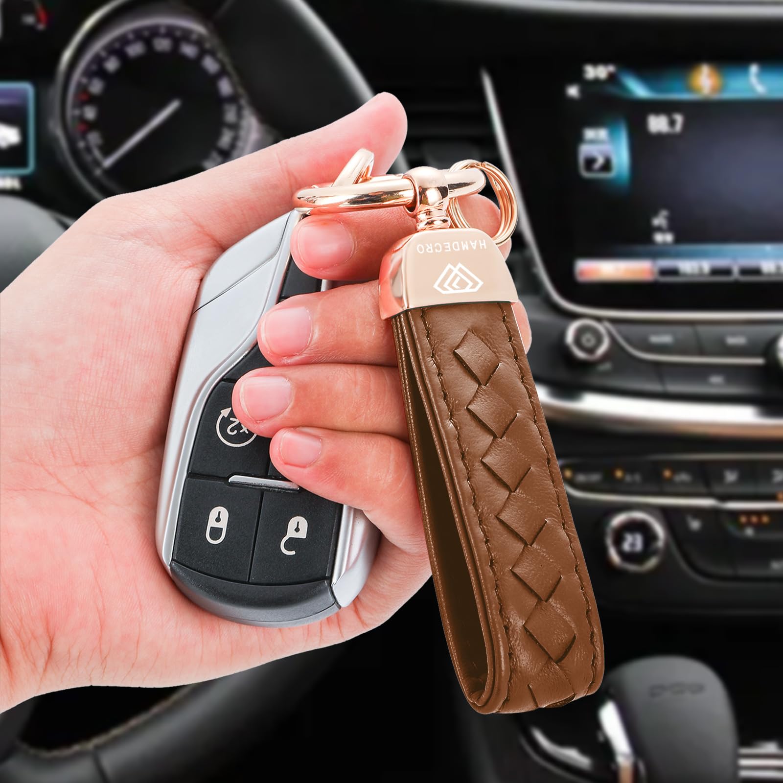 Genuine Leather Car Keychain, Handmade Knit Sheepskin Key Chains For Women, Universal Key Fob Holder With 360 Degree Rotatable,