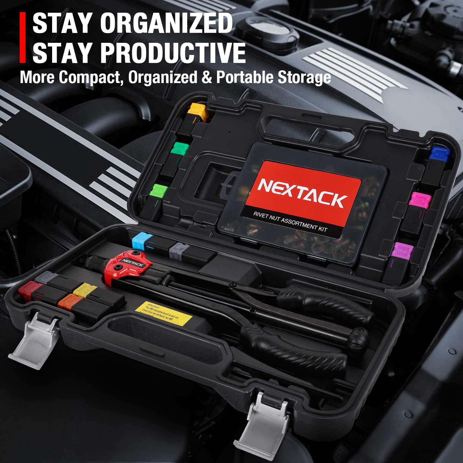 Nextack Heavy Duty Rivet Nut Tool Kit, 16'' Auto Release Nut Rivnut Tool With 12 Sae & Metric Mandrels & 105 Nurserts, Threaded