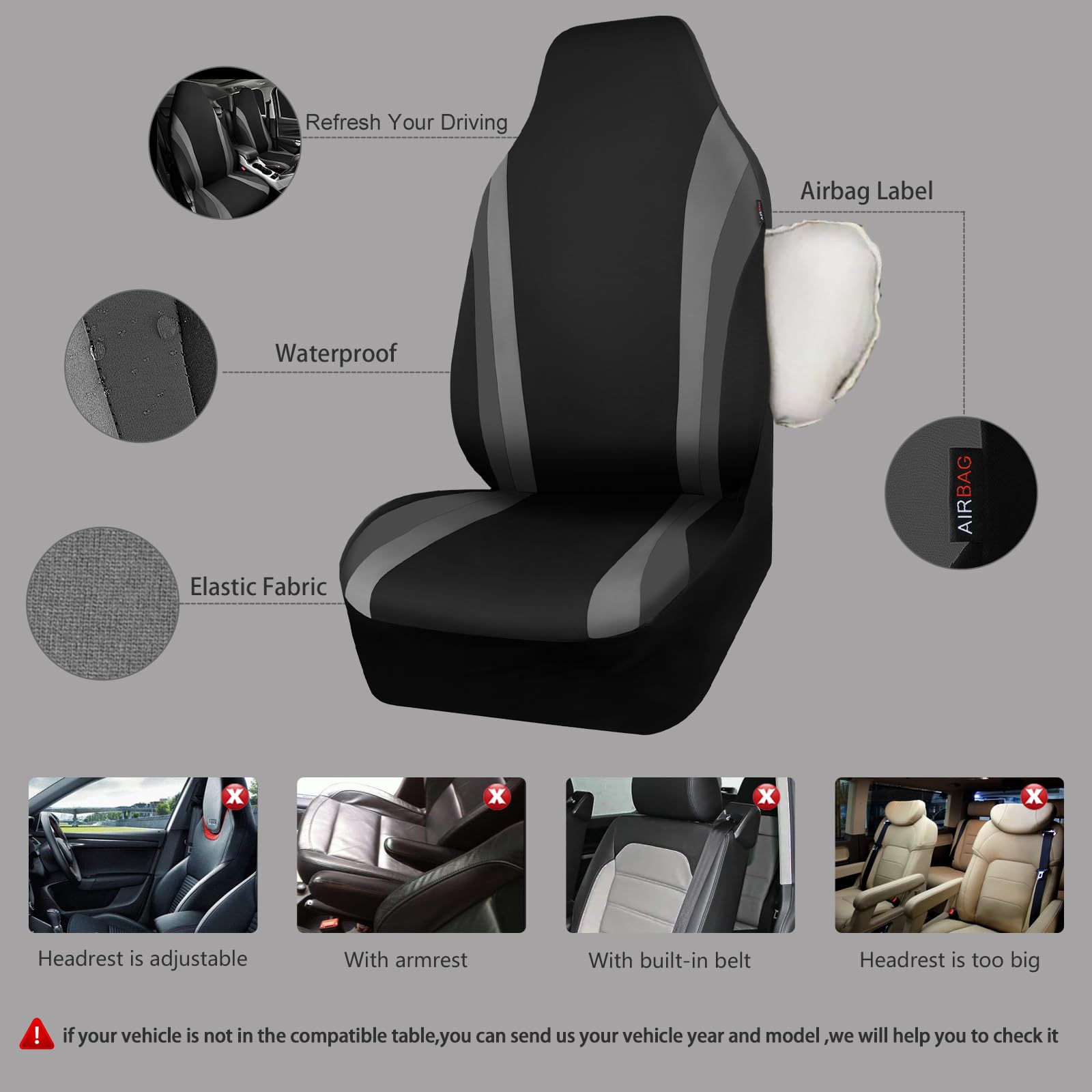 Car Pass Aquashield Neoprene Waterproof Car Seat Covers For Front Seats Only, High Back Bucket Seat Cover,Airbag Compatible,Line