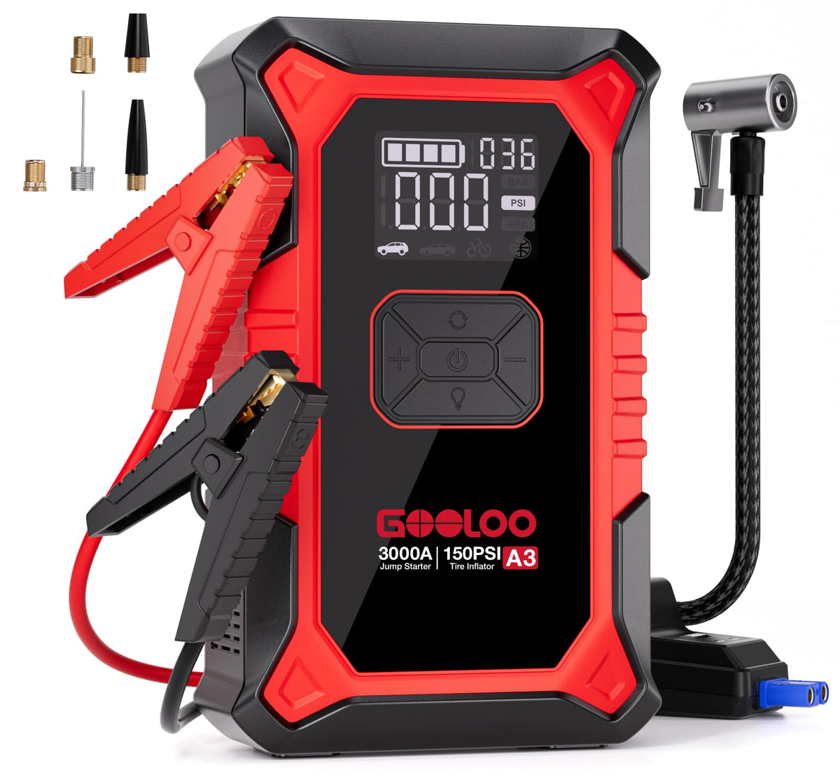 Gooloo A3 Jump Starter With Air Compressor, 3000A Portable Car Battery Jumper Starter (9.0 Gas/6.5L Diesel) With 150Psi Auto-Shu
