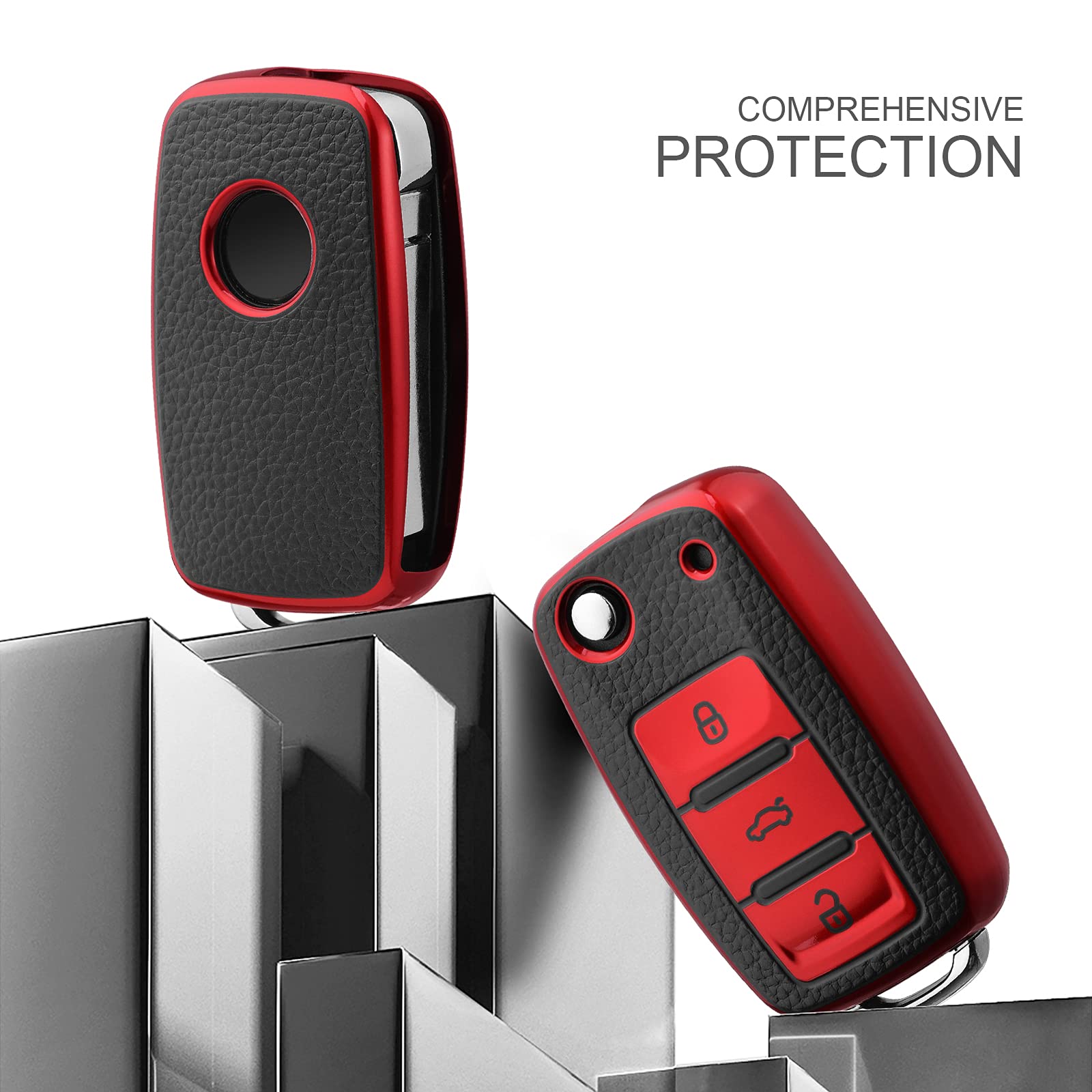 Elohei For Vw Key Fob Cover, Premium Soft Tpu 361 Degree Full Protection For Vw Volkswagen Jetta Beetle Tiguan Passat Golf Mk6 Polo 3 Buttons(Leather Red)