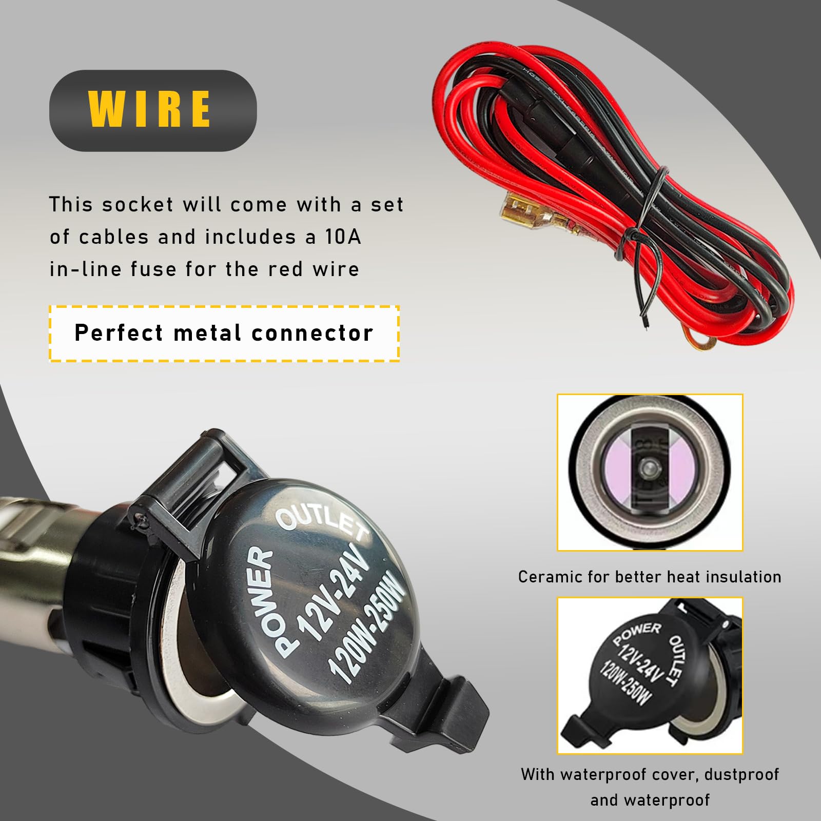 Ohleats Car Cigarette Lighter Socket, 12V Waterproof Auto Cigarette Lighter Adapter With Extension Cable, Vehicle Lighter Power