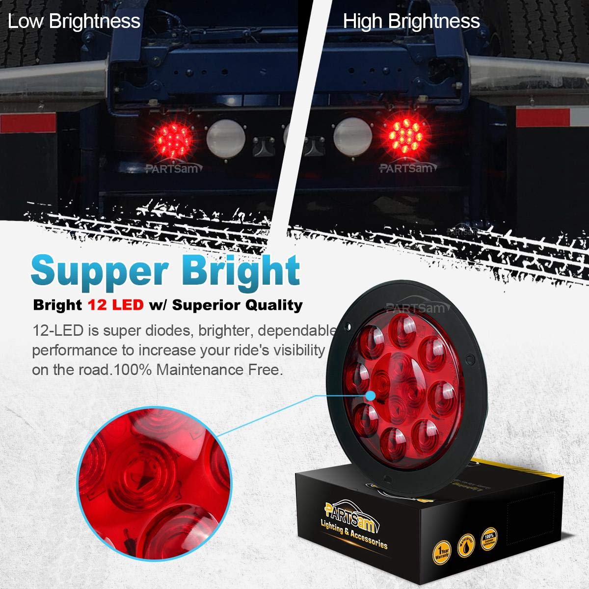 Partsam 2Pcs 4'' Red Stop Turn Tail Brake Truck Trailer Light Flange Mount 12 Diodes Utility