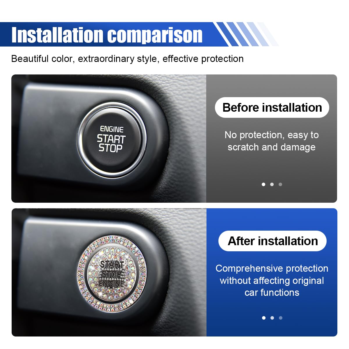 Bling Crystal Car Engine Start Ring Sticker, Sparkling Rhinestone Push Start Button Decorative Cover, Anti-Scratch Key Ignition