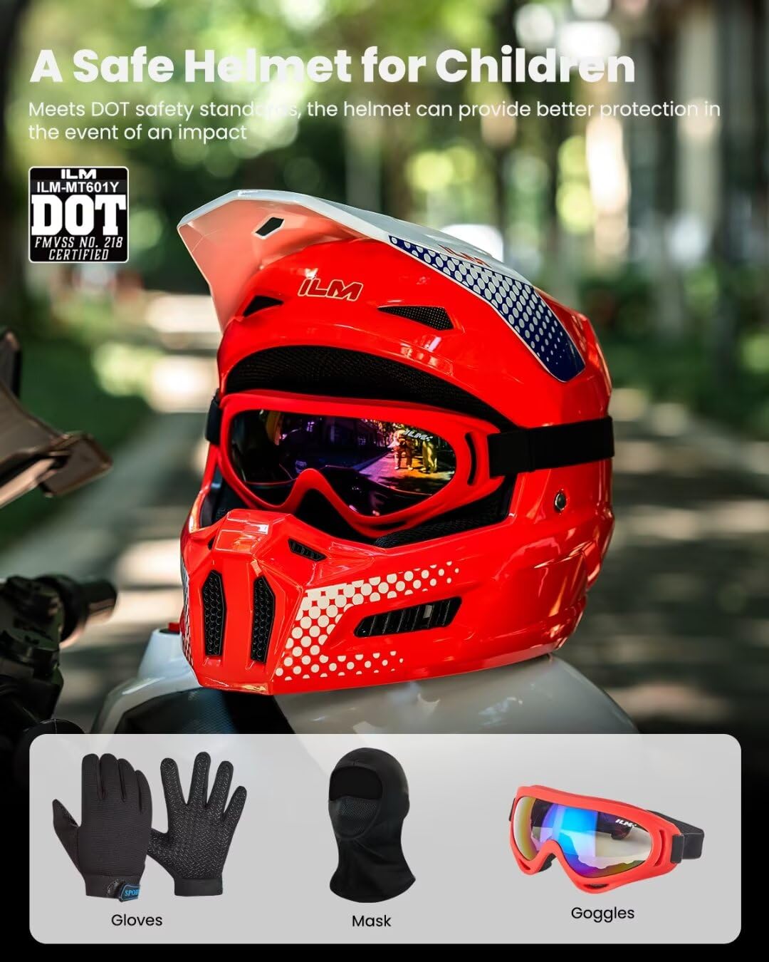 ILM Youth Dirt Bike Helmets Kids ATV Helmet Motorcross BMX Off Road Motorbike with Goggles Gloves Mask DOT Model MT601Y (Popart