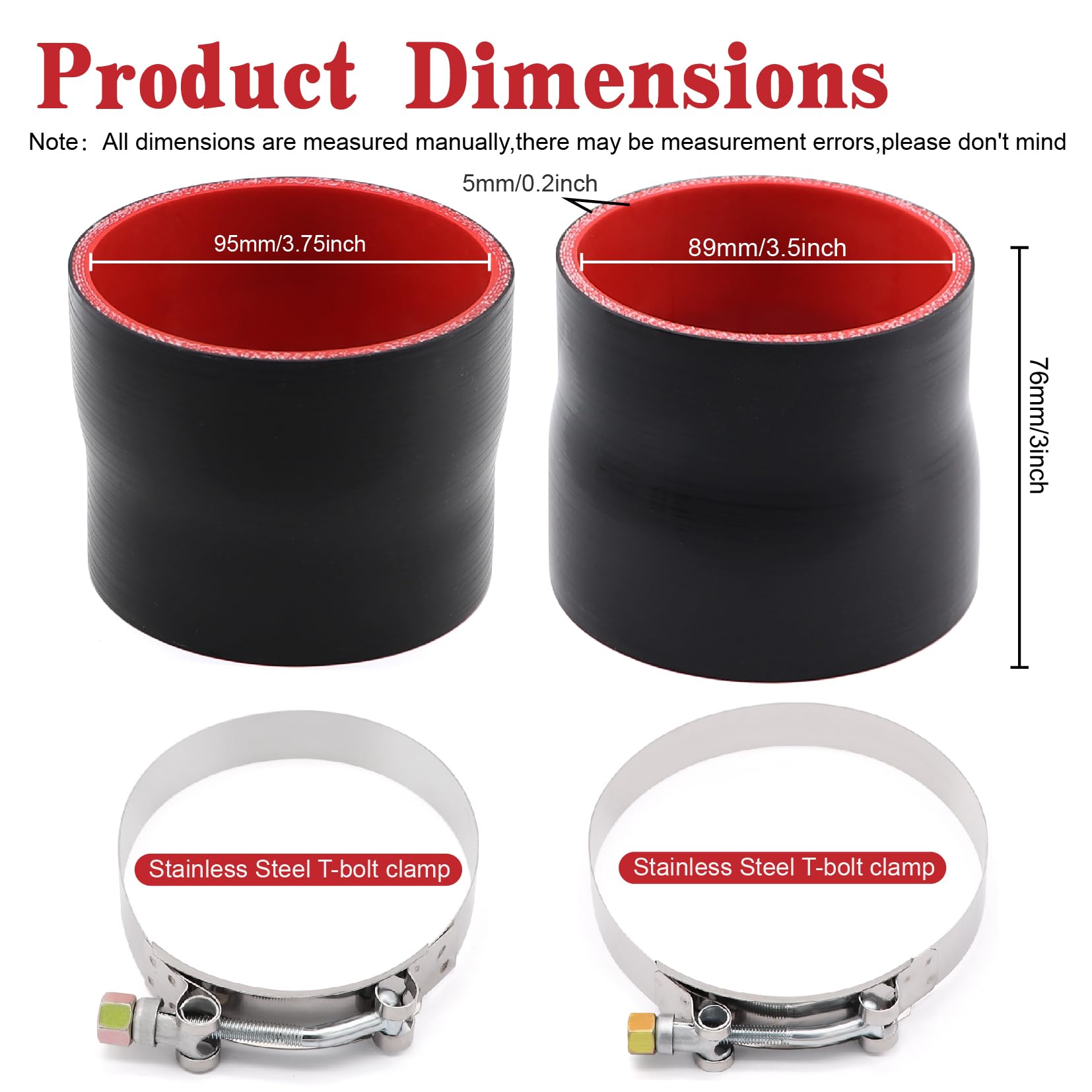 Taukealugs Straight Reducer Coupler Silicone Hose ID 3-1/2-inch to 3-3/4-inch 4-Ply with Stainless Steel T-Bolt Clamp for Turbo/