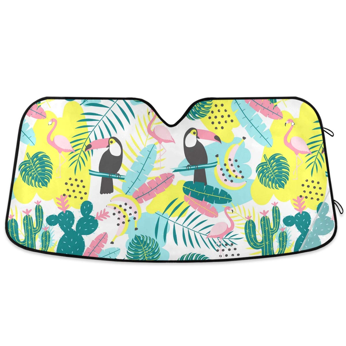 Oarencol Toucan Flamingos Cactus Palm Car Windshield Sun Shade Tropical Animal Bird Banana Leaves Foldable Uv Ray Sun Visor Prot