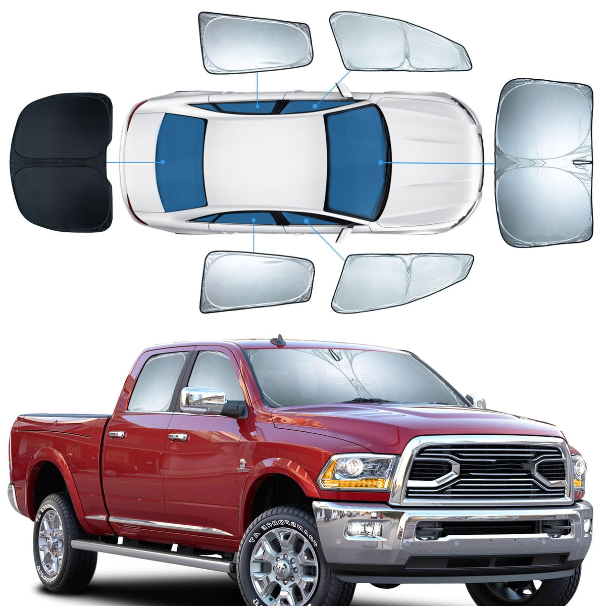 6 PCS Sun Shades for Dodge RAM 2500 3500 Windshield Sunshade, 2-Layer Full Window Shades for RAM 2500 3500 2010-2025 Front Rear 