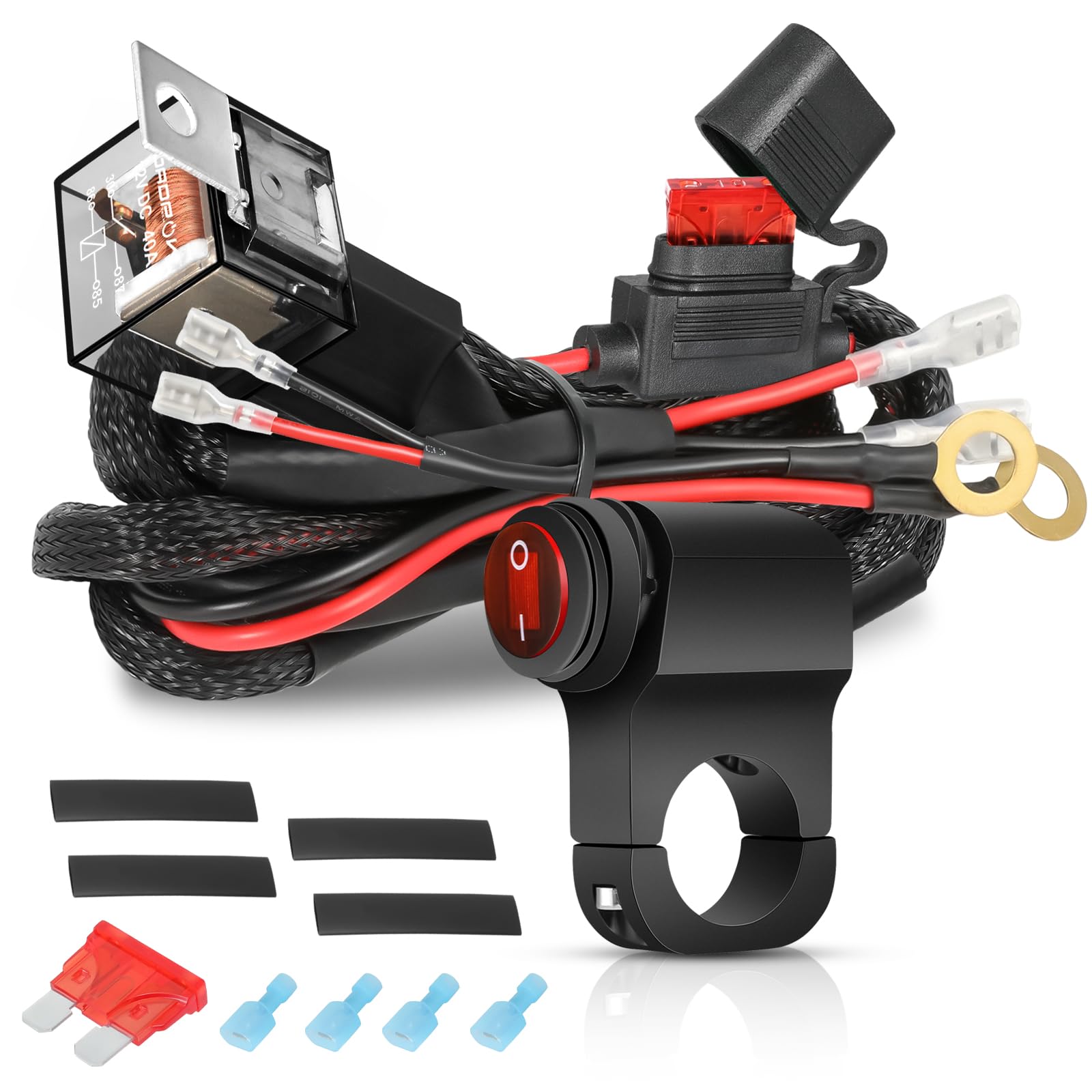 Offroadtown 2 Leads Led Light Bars Wiring Harness Kit W/Motorcycle Handlebar Switch 7/8' 12V 40A Relay Fuse Nylon Wire Harness For Atv Dirt Bike Scooters Motorcycle Lights