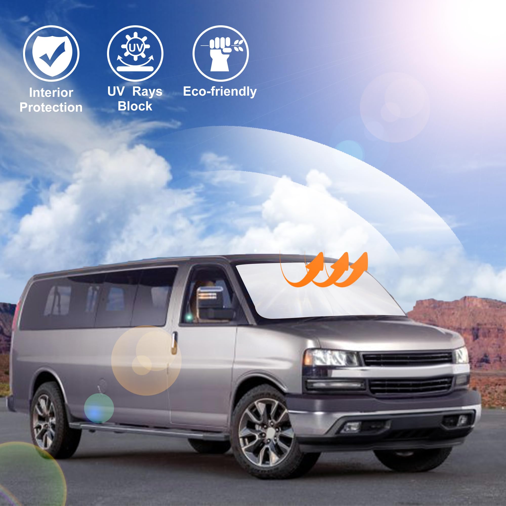 Windshield Sun Shade Compatible With 1996-2024 2025 Chevrolet Express Cargo Van 1500, 3500, 4500, Ls, Lt Winter Accessories Fold