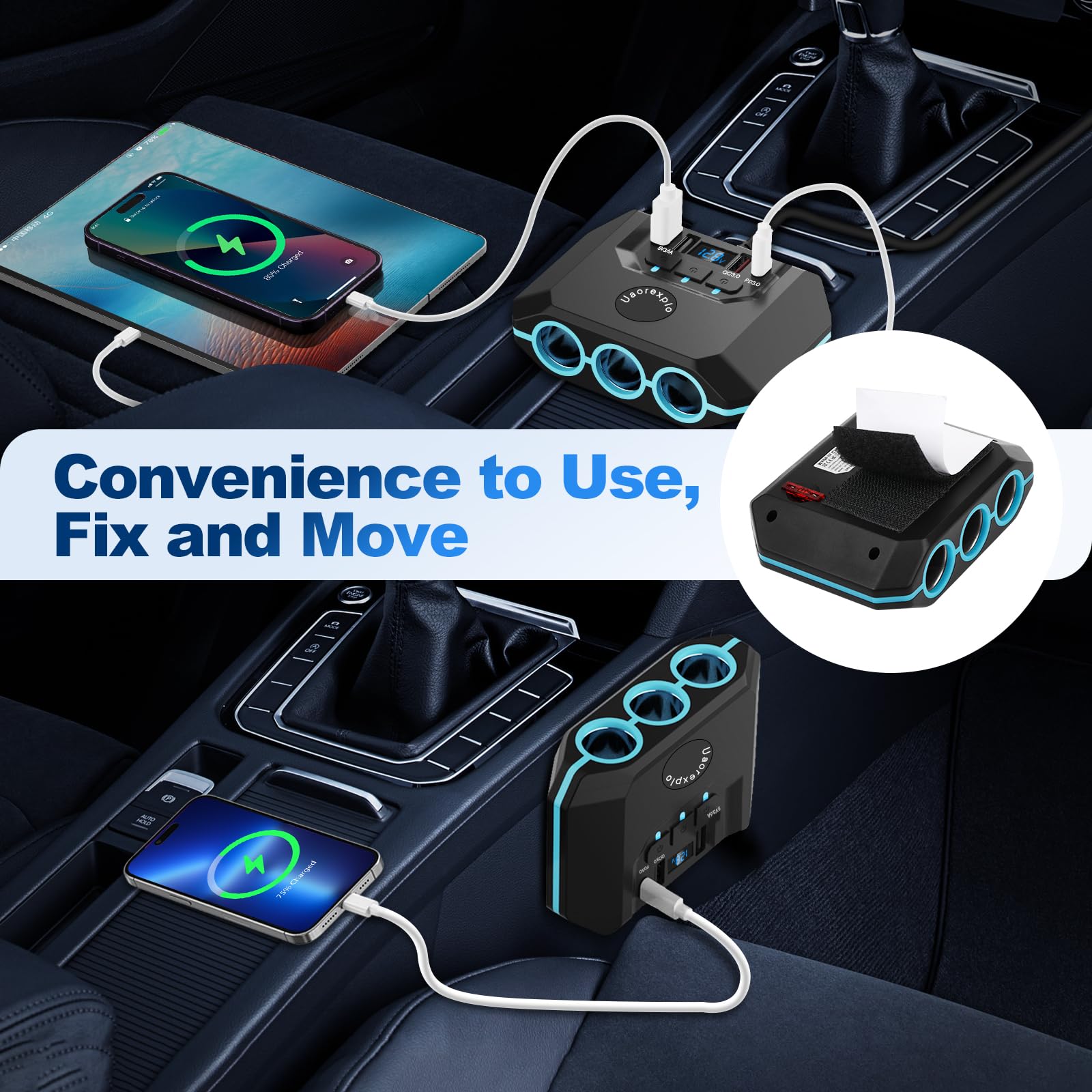 Uaorexplo 120W Car Cigarette Lighter Adapter Splitter, 3 Sockets & 4 USB (2 Quick Charge), LED Voltmeter, 30in Cable, Black