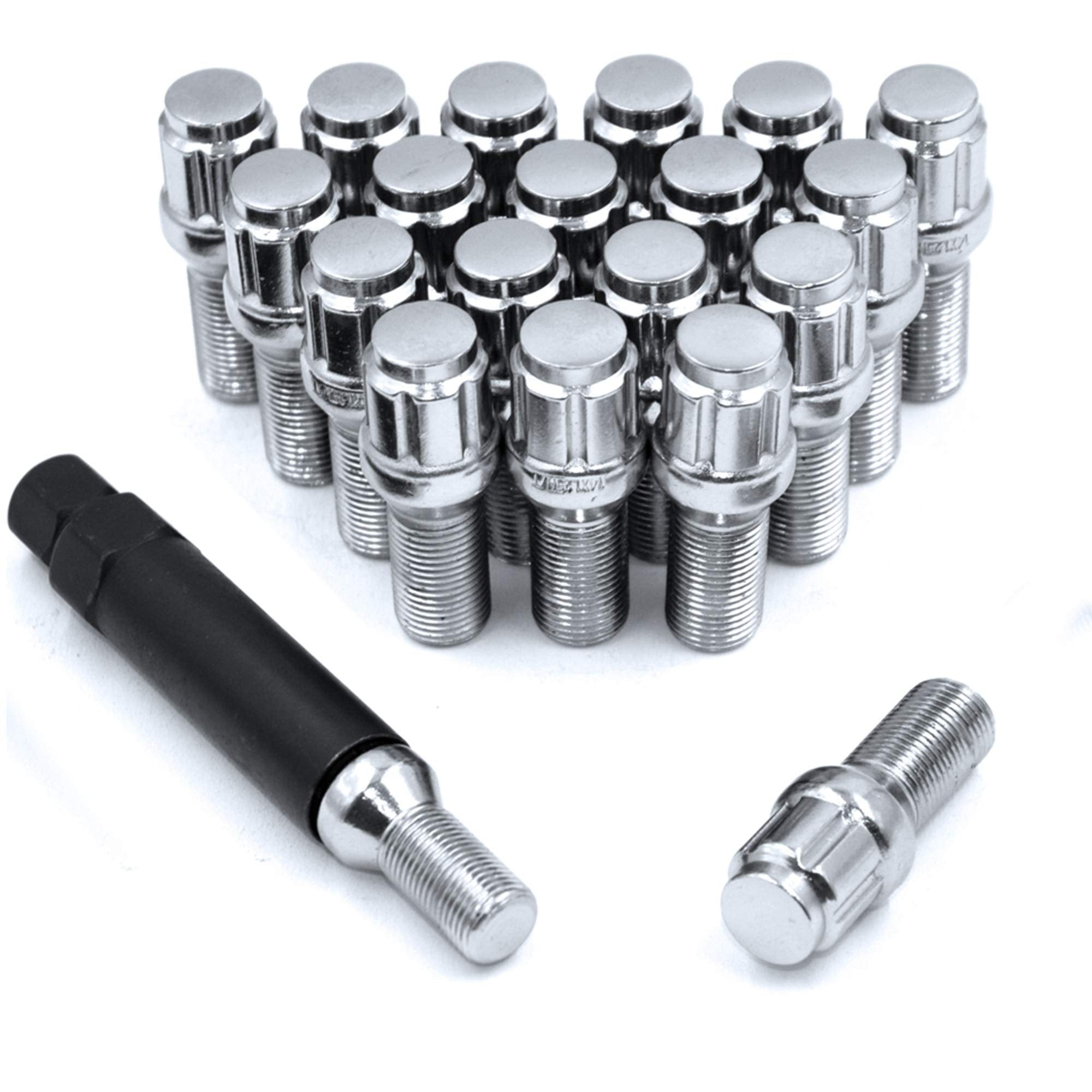 Wheel Accessories Parts Set Of 20 Lug Bolts 14X1.25 Locking Spline Chrome Cone Seat M14 X 1.25 Small Diameter Locking Lugs With Socket Key (24Mm Shank Length) (20 Lug, M14 X 1.25/14 1.25, Chrome)