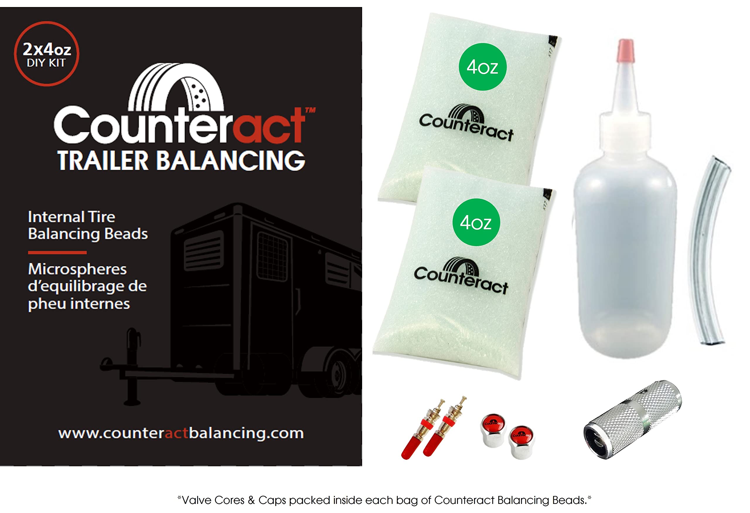 Counteract DIYTK4-2 DIY Tire/Wheel Balancing Beads Kit - for All Trailers, Includes (2) 4oz Bead Bags, (2) Valve Caps & Cores, (