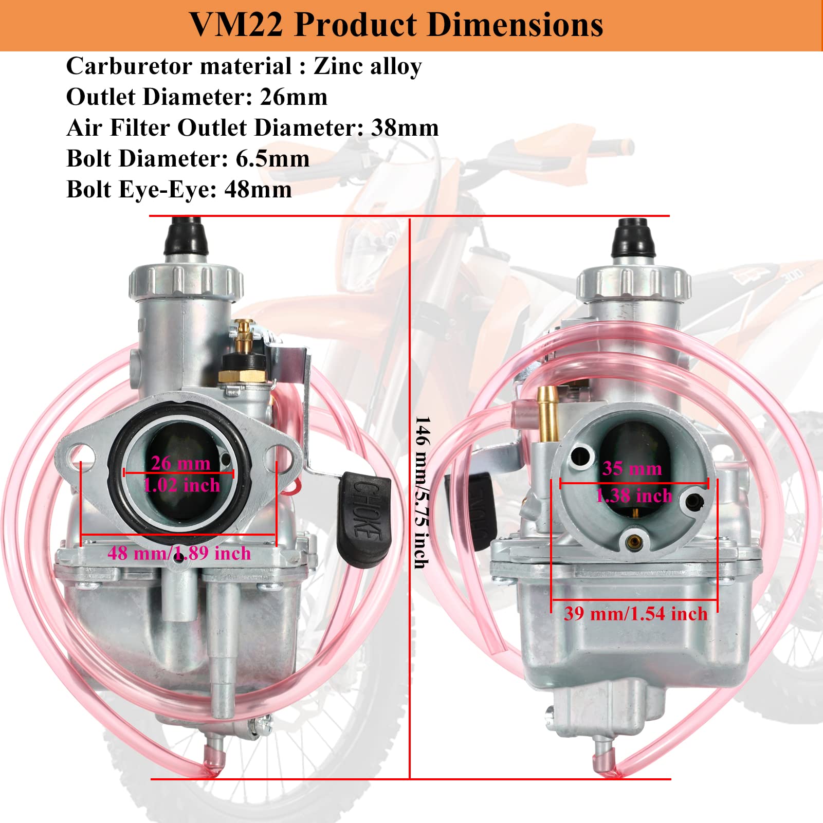 ABCERRSI Dirt Bike Carburetor 125cc,VM22 26mm Carb with Air Filter Intake Pipe for SSR 125 Pit Bike 110cc 150cc 212cc Enduro Bik