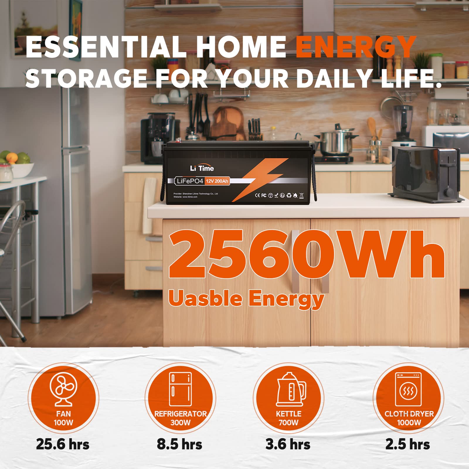 Litime 12V 200Ah Lifepo4 Lithium Battery With 2560Wh Energy Max. 1280W Load Power Built-In 100A Bms,10 Years Lifetime 4000+ Cycles, Perfect For Rv Solar Energy Storage Marine Trolling Motor