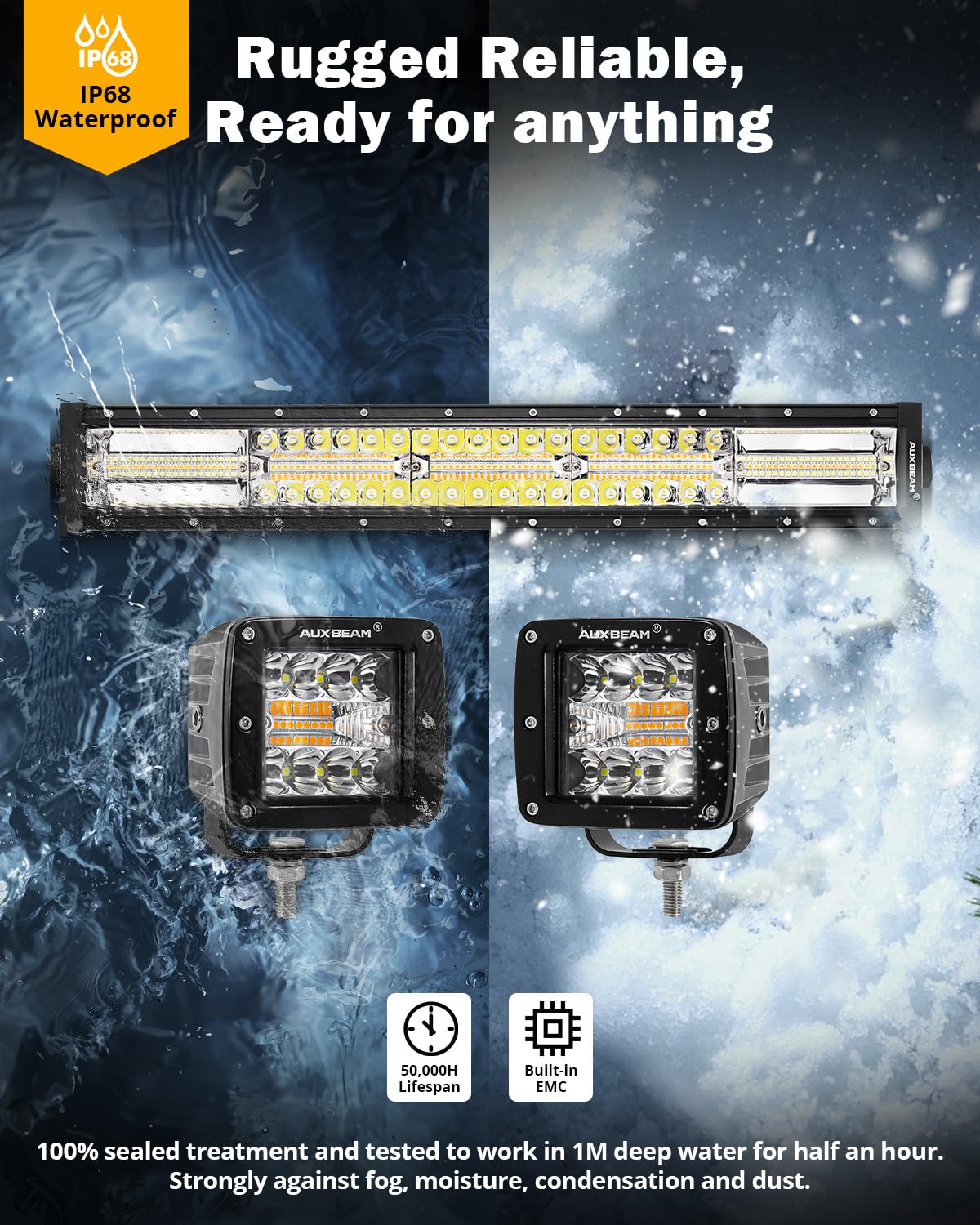 Auxbeam 6 Modes Amber White Series, 22'' Led Light Bar With 3'' Led Pods Combo Set, Dual Color Flashing Strobe Offroad Lights, S