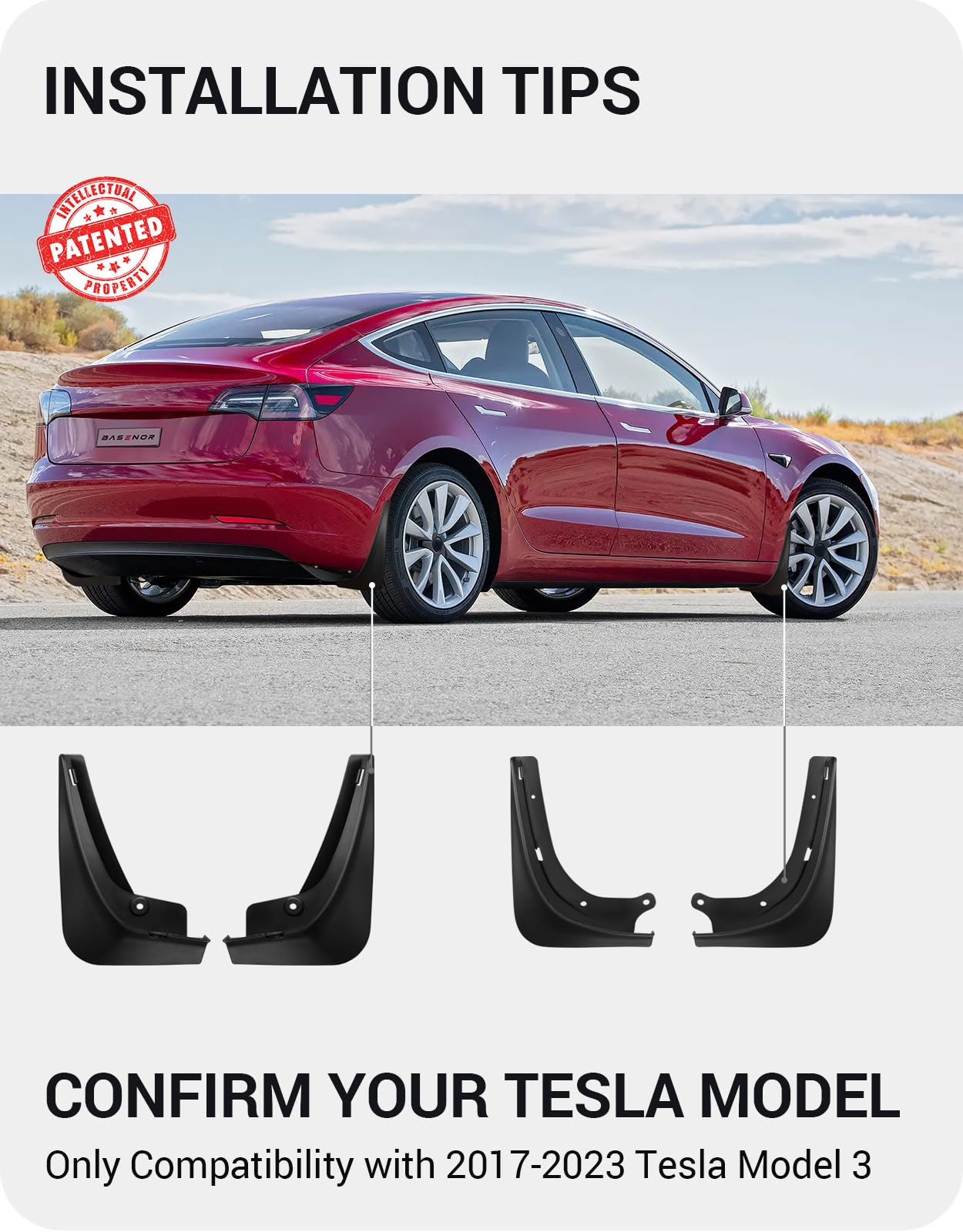 Basenor 2017-2023 Tesla Model 3 Mud Flaps Splash Guards Fenders No Drilling No Tape Mudflaps All Weather Protector Mudguards For
