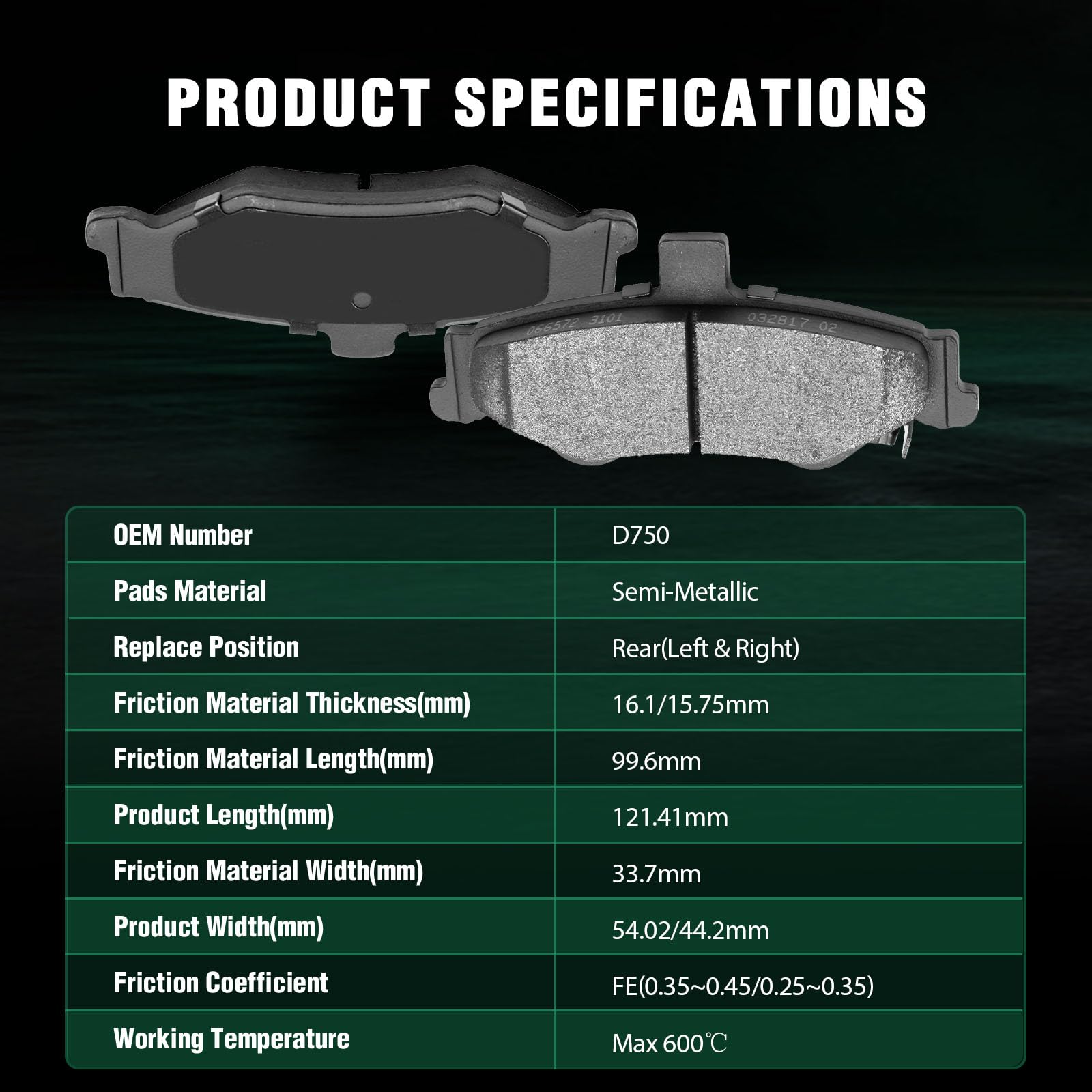 Automuto 4Pcs Rear Semi-Metallic Disc Brake Pads Set D750 For Chevrolet Camaro 1998-2002,For Pontiac Firebird 1998-2002