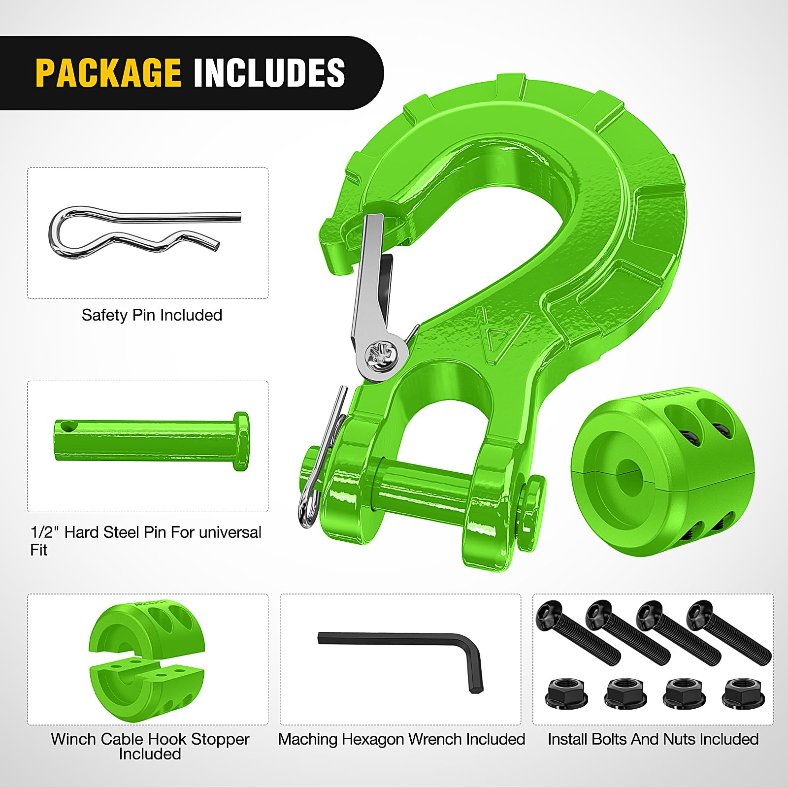 Nilight Forged Steel Winch Hook 3/8'' Grade 70 Safety Latch Winch Cable Hook Stopper & Clevis Slip Hook Sets, Included Allen Wre