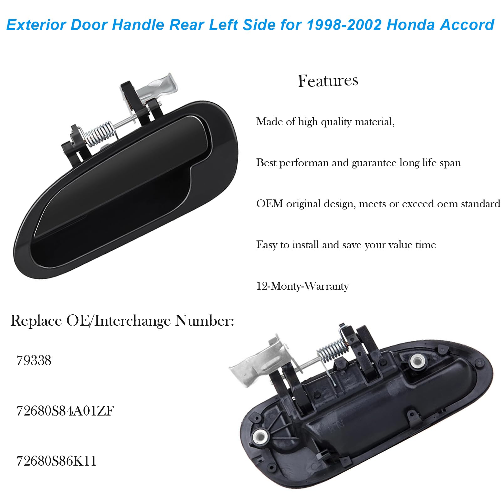 Exterior Door Handle Rear Left Driver Side For 1998 1999 2000 2001 2002 Honda Accord Black Outside Door Handle Replace Oe# 79338 / 72680S84A01Zf / 72680S86K11 Without Keyhole