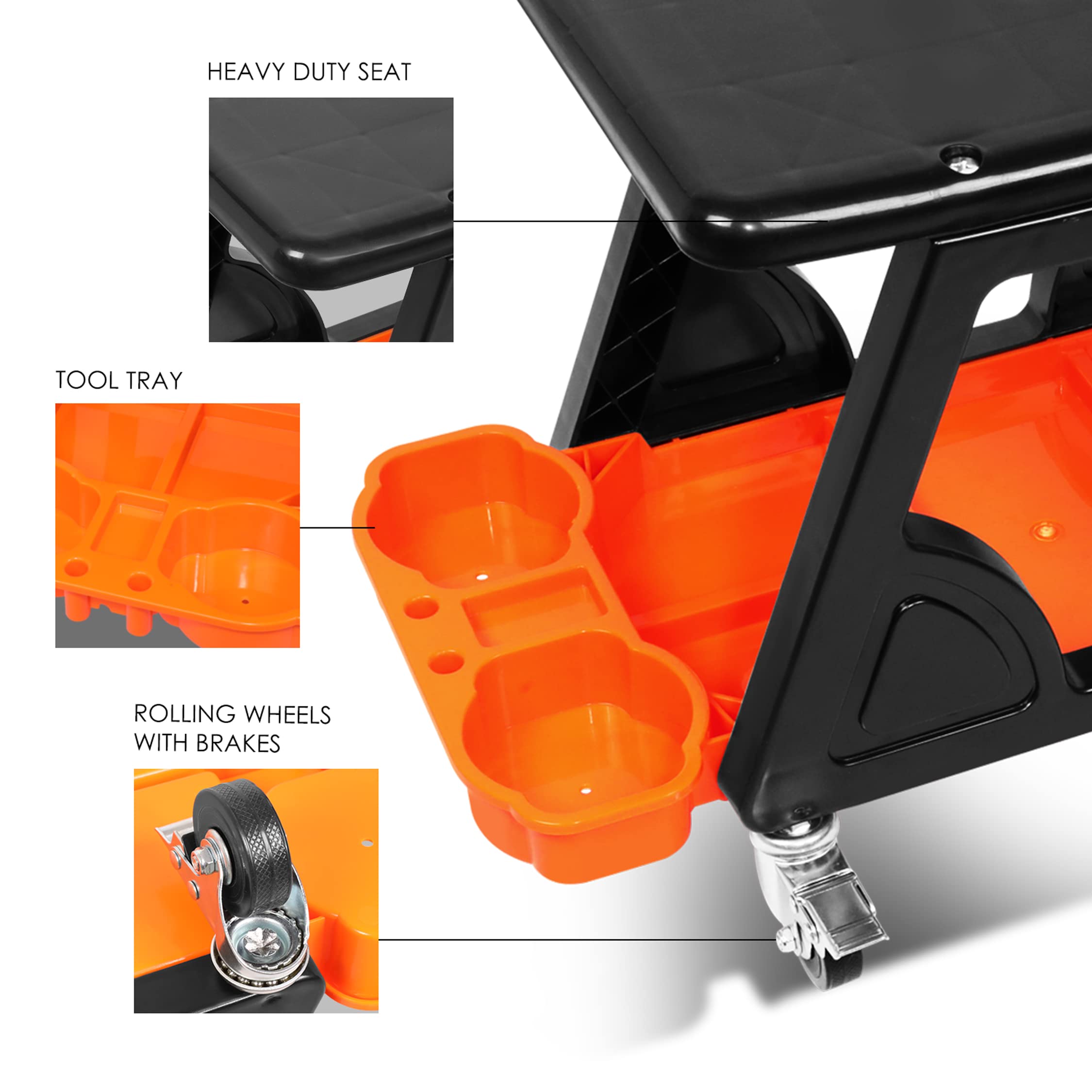 Dna Motoring Tools-00188 Mechanic Stool - 23'' X 13.5'' X 10.5'' (L X H X W), Rolling Work Seat W/Lockable Swivel Wheels And Sto