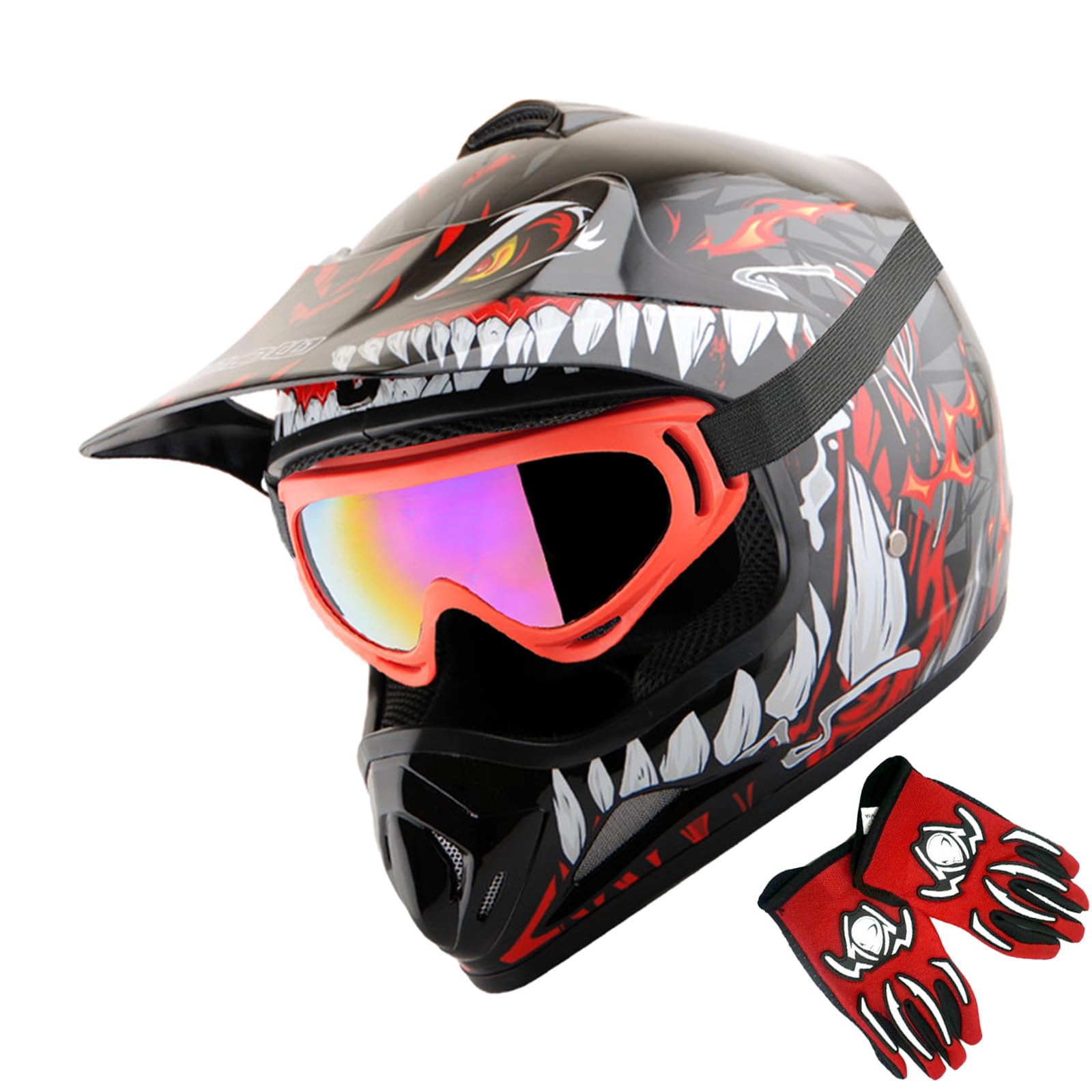 Wow Youth Kids Motocross Bmx Mx Atv Dirt Bike Helmet Dragon Dianasour Red + Goggles + Mg Youth Red Glove Bundle