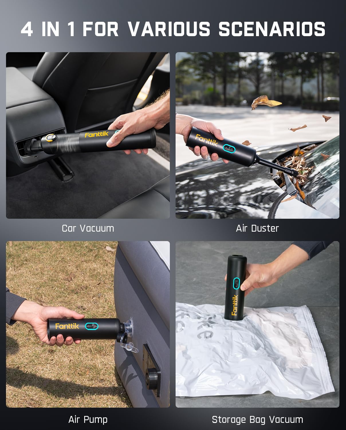 Fanttik Slim V8 Apex Car Vacuum, 19000Pa High Power, 4 In 1 Portable Mini Vacuum, 2.5H Type-C Fast Charge, 40 Mins Runtime, Robu