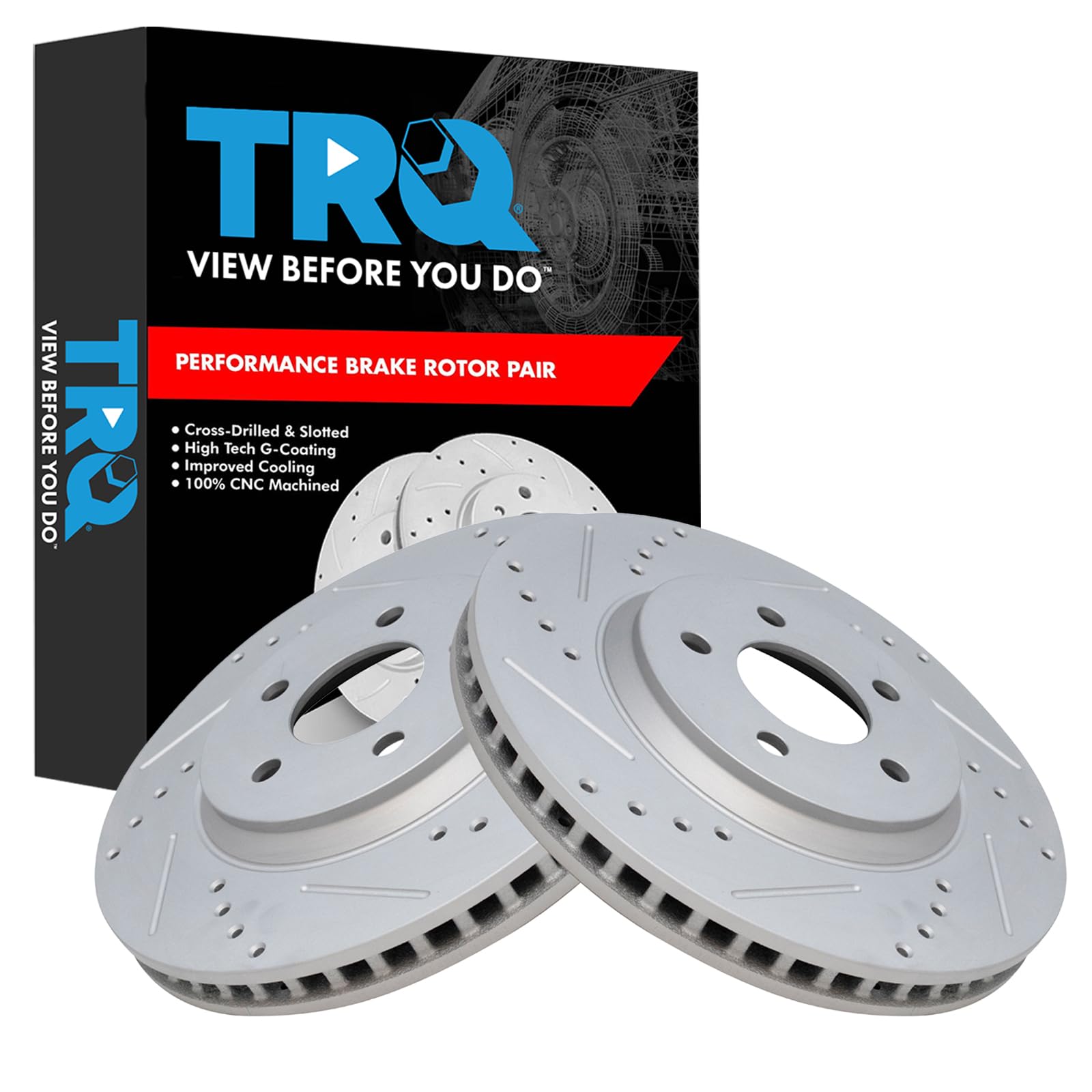 Trq Front Performance Brake Rotors Set Premium G-Coated Cross Drilled & Slotted Compatible With 2005-2014 Ford Mustang