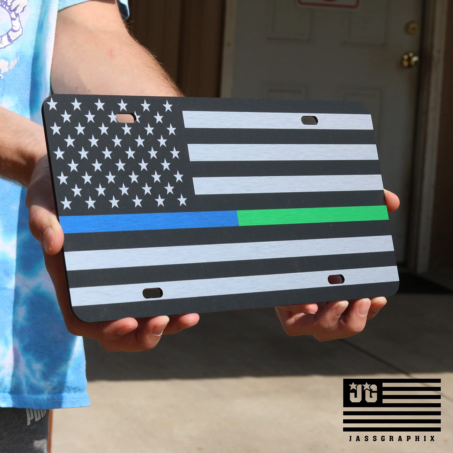 Jass Graphix Thin Blue Line Thin Green Line American Flag License Plate 1/8 Brushed Aluminum Composite Heavy Duty Tactical Patriot Usa Car Tag