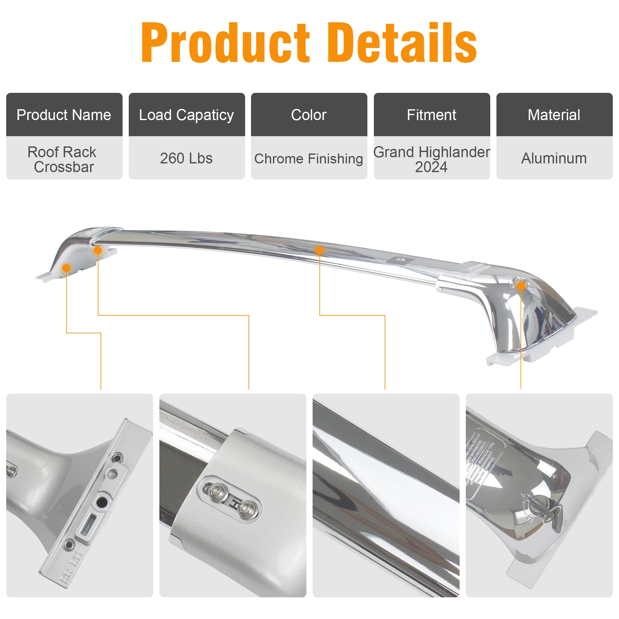 Autekcomma Heavy Duty Chrome Finishing Upgraded Roof Rack Crossbar Compatible For Grand Highlander 2024 All Grades.Max 260Lb Loa