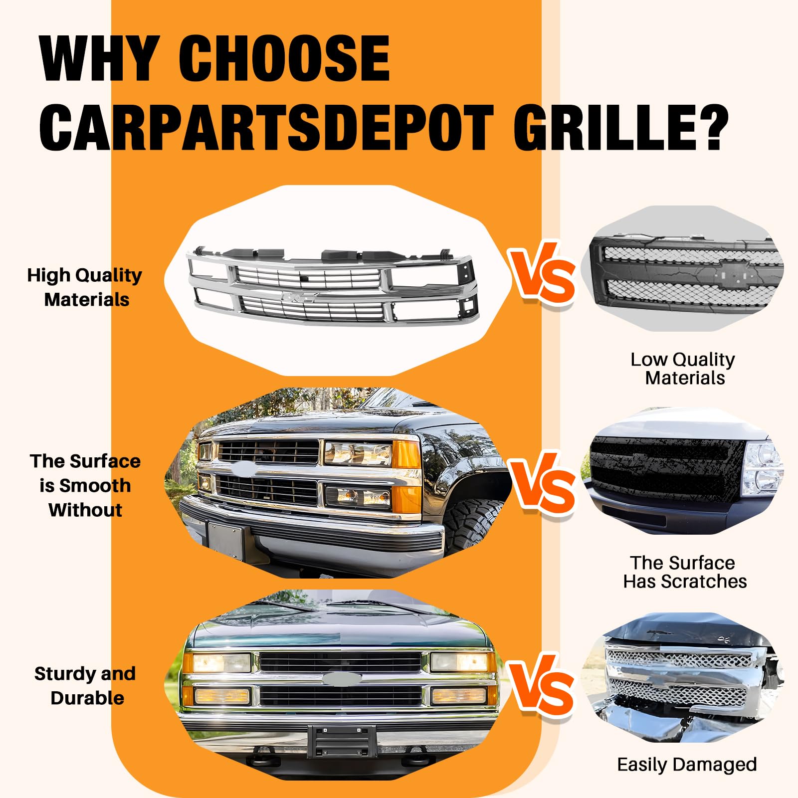 Carpartsdepot Front Grille Grill Chrome Shell With Black Insert Compatible With Chevrolet 1994-2000 C/K 1500 2500 3500 Tahoe Bla