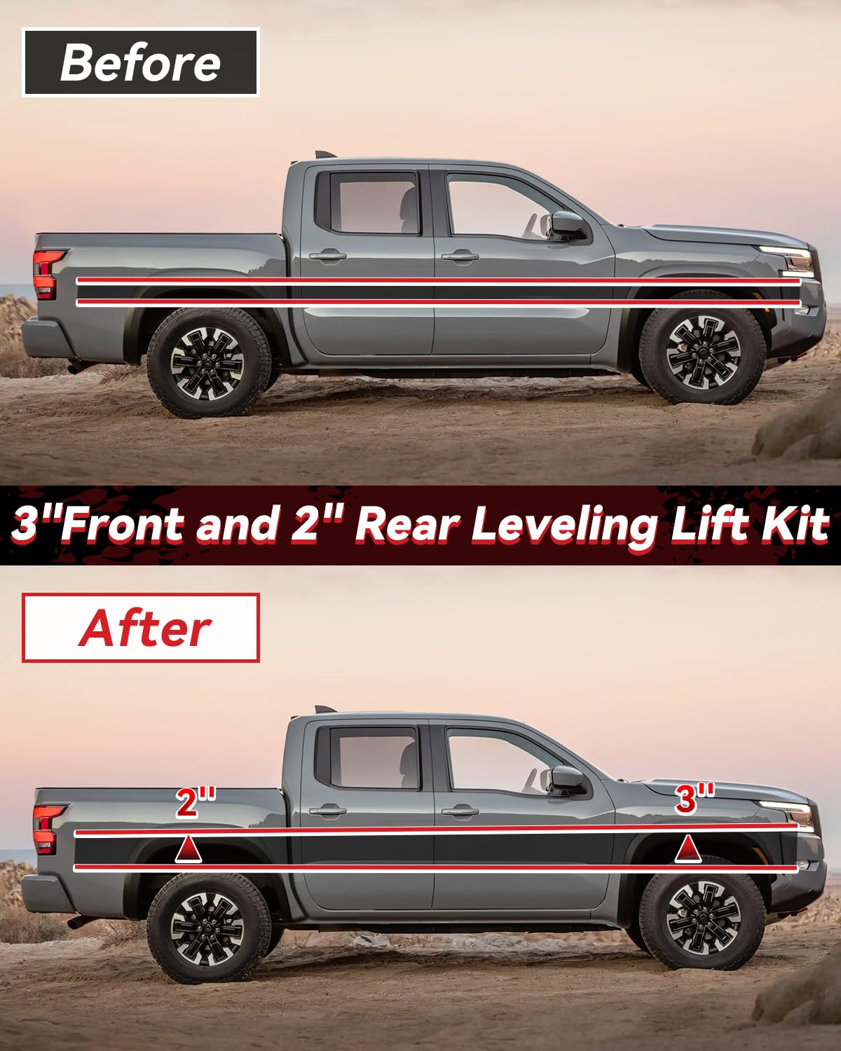 3'' Front and 2'' Rear Leveling Lift Kits for 2005-2023 Frontier 2WD 4WD, 3 inch Front Strut Spacers and 2 inch Rear lift block