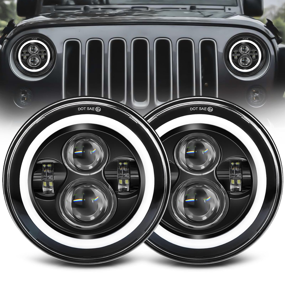 Zimablue 7 Inch Led Headlight Round 2Pc Projector 7 Inch Halo Led Headlight H6024 Dot Approved Hi/Lo Beam Drl Amber Turn Signal