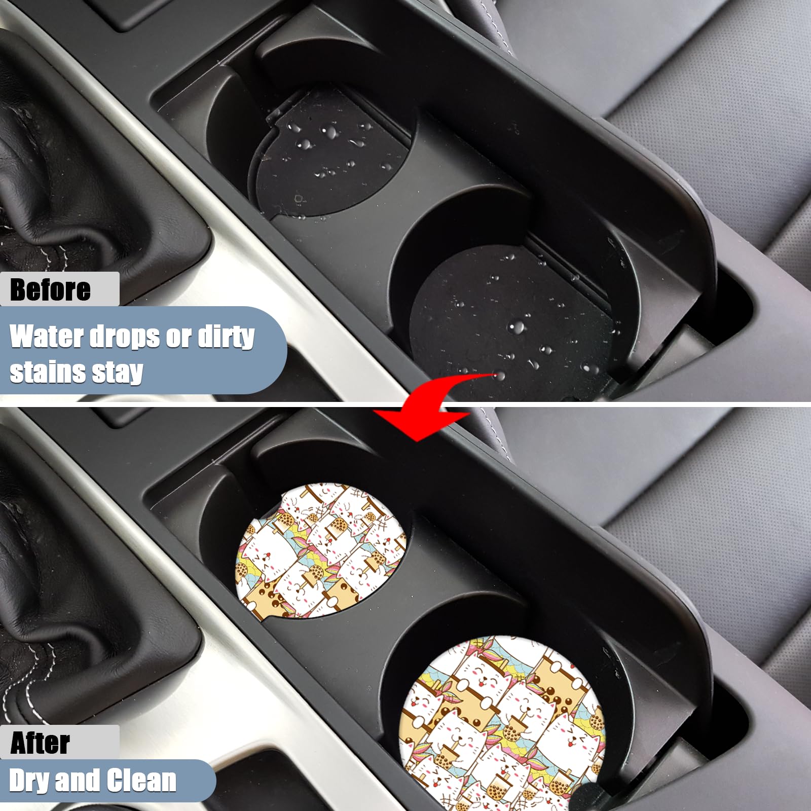 Car Cup Holders Coasters - Cute Cat Absorbent Ceramic Coaster, Cat Lover Drink Cup Holder Coasters, Auto Interior Accessories fo