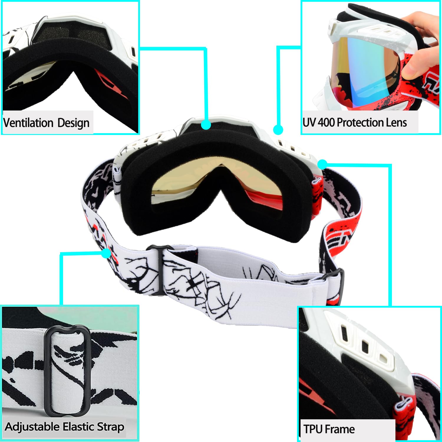 Ubelly Atv Dirt Bike Goggles - Windproof Dustproof Scratch Resistant Goggles For Adults, Men, Women & Youth (White & Red)