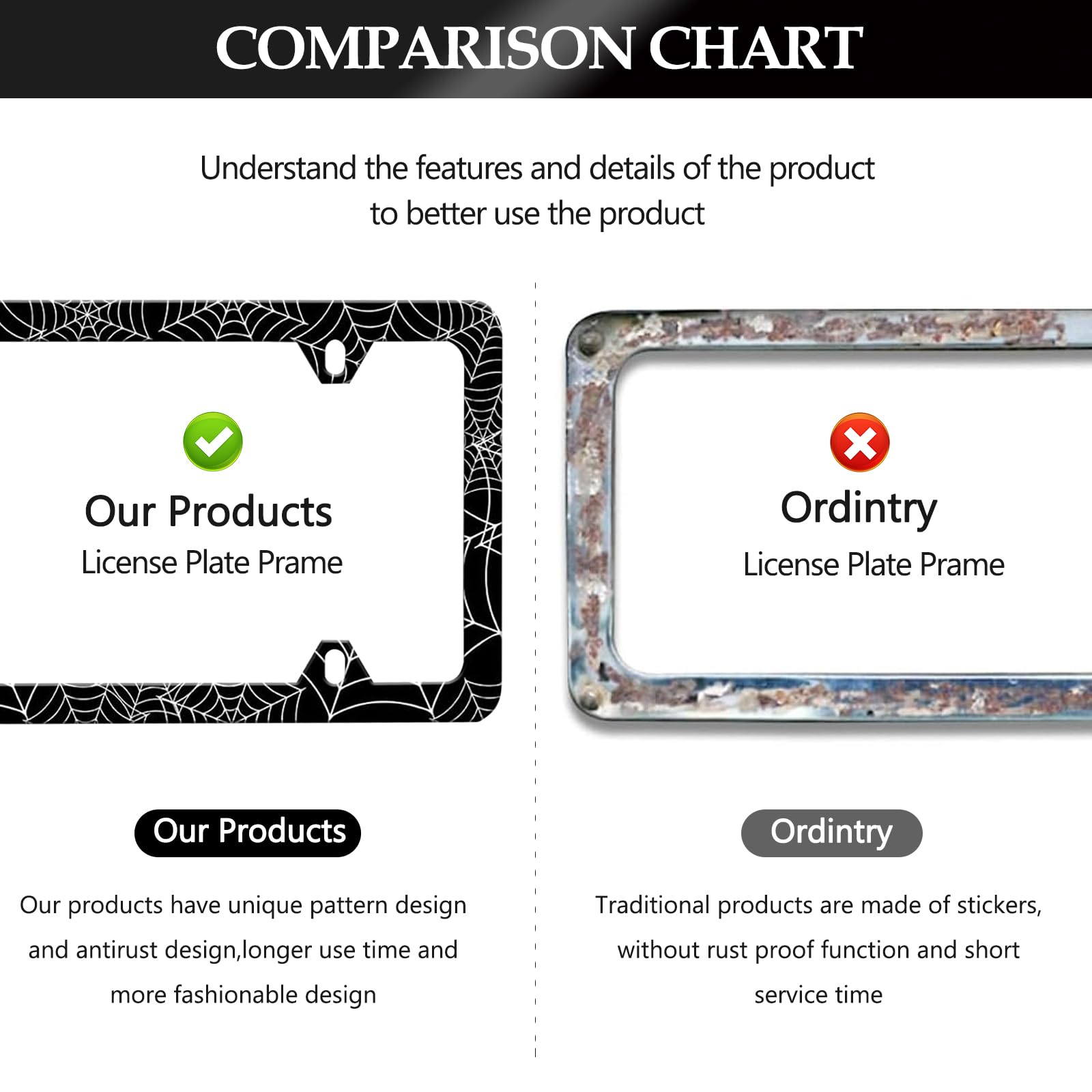 Spider Web License Plate Frame - 2 PCS Goth Gothic Web Aluminum Metal License Plate Frames Holder Covers, Rust-Proof Waterproof