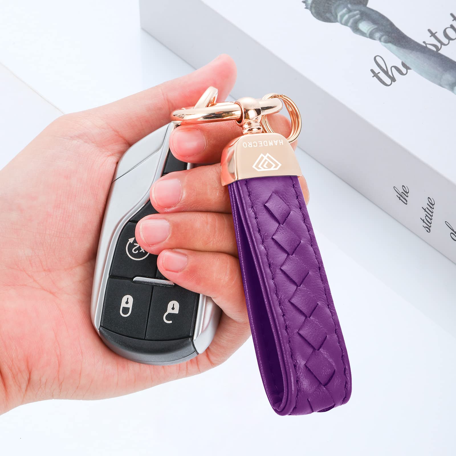 Hamdecro Genuine Leather Keychains, Handmade Knit Sheepskin Car Key Chains For Women, Universal Key Fob Holder With 360 Degree Rotatable, Anti-Lost D-Ring, 2 Keyrings And 1 Screwdriver - Purple