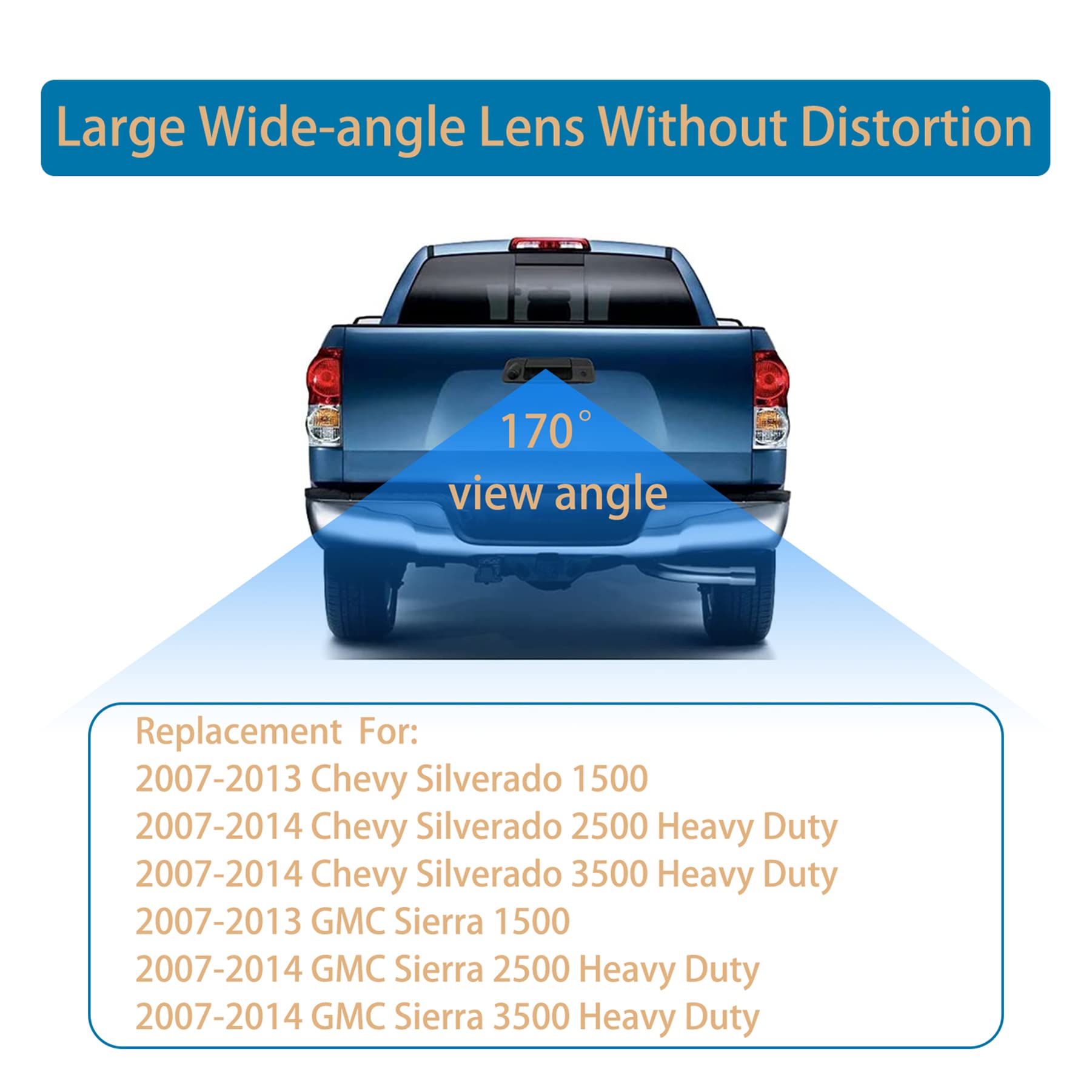 Back Up Camera, W/Tailgate Handle, Compatible With 2007-2014 Chevy Silverado Gmc Sierra 1500 2500 3500, W/Keyhole, 170 Viewing A