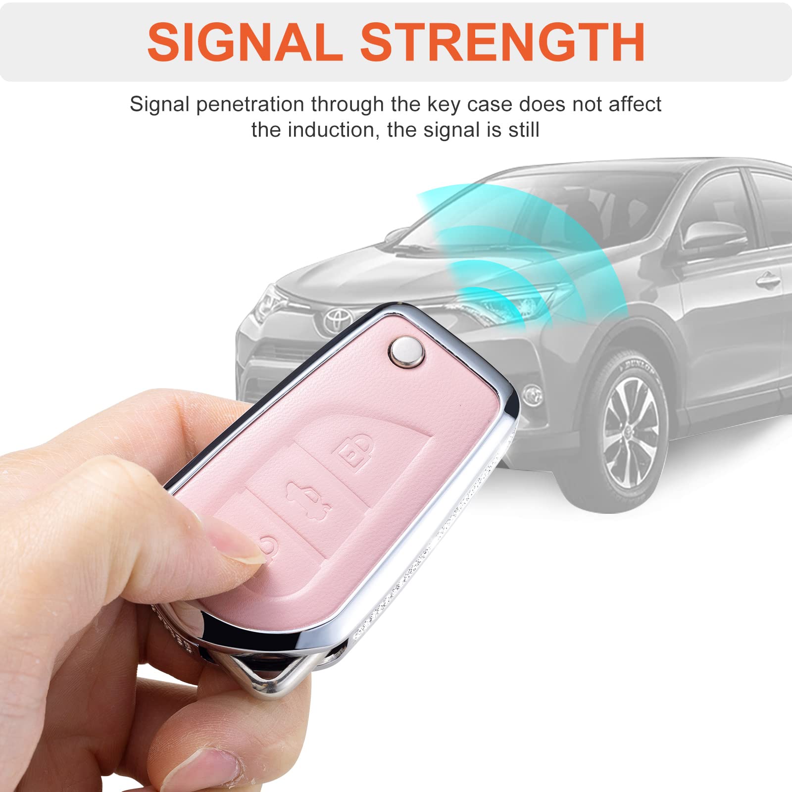 Ruabiban Compatible With Toyota Key Fob Cover With Keychain, Pink Genuine Leather Crystal Key Case Protection Shell For Fortuner