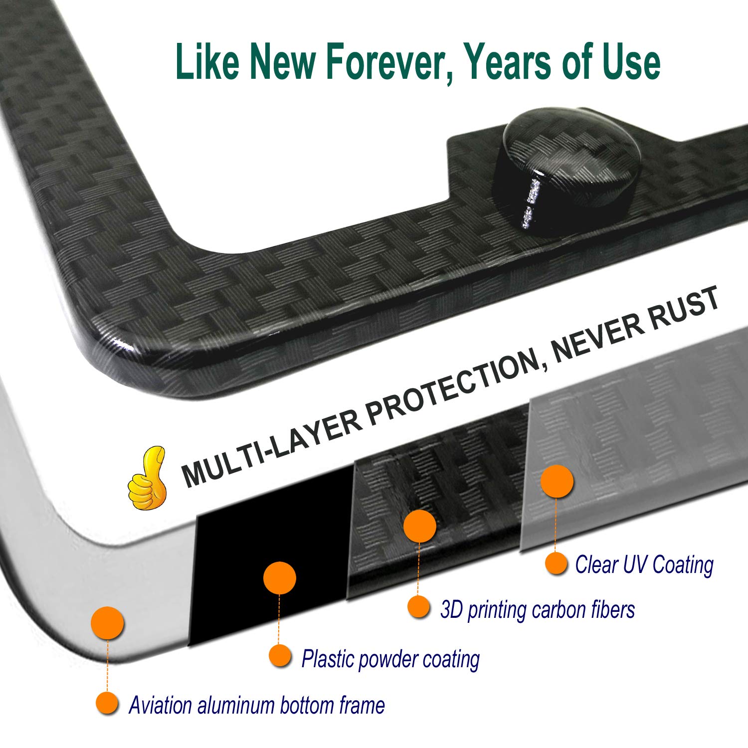 BGGTMO Anti Theft License Plate Frame - Carbon Fiber Aluminum Holder, Fits US Cars, Includes Stainless Steel Screws