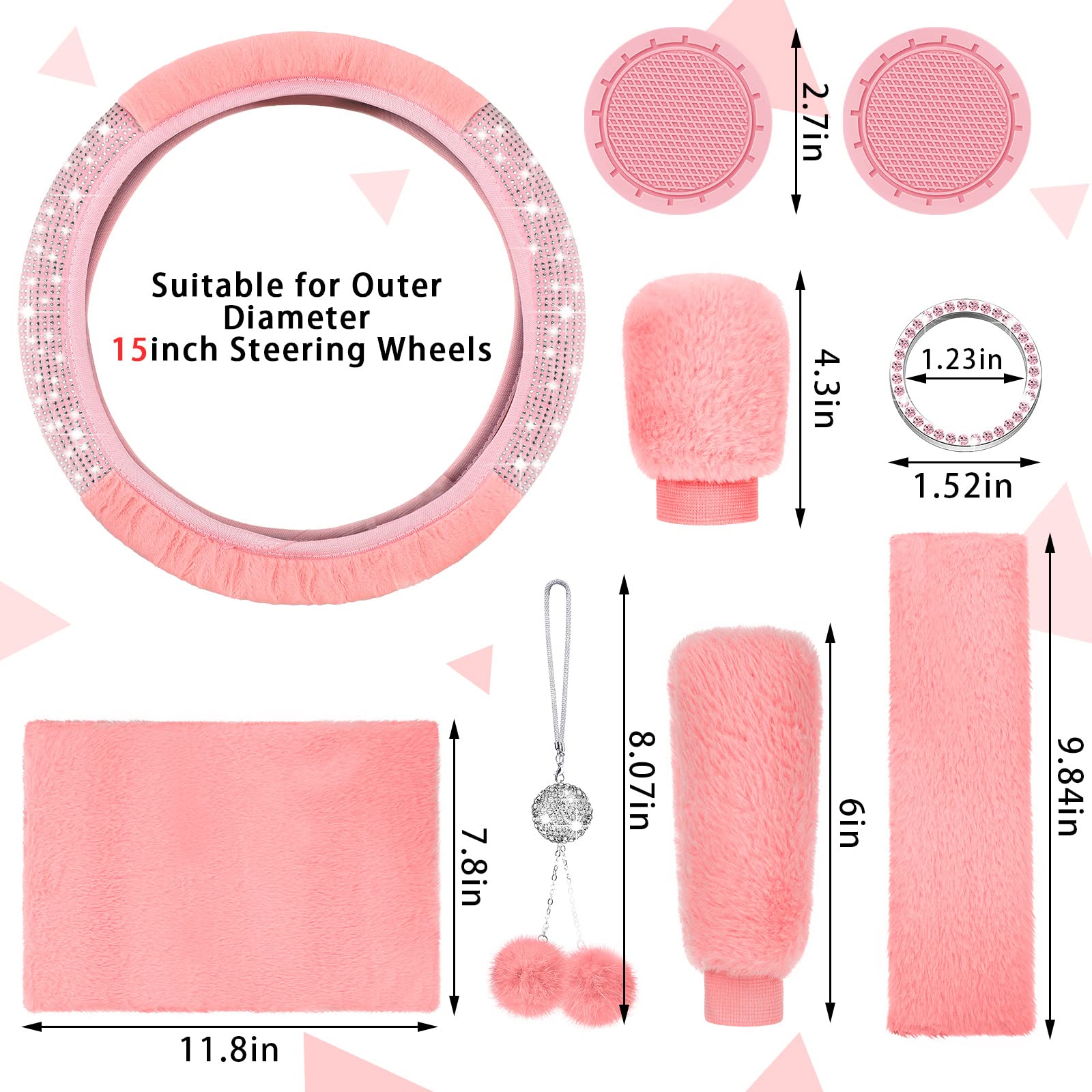 10 Pcs Pink Car Accessories Set, Pink Steering Wheel Cover Fluffy Armrest Box Mat Handbrake Cover Seat Belt Shoulder Pads Gear S