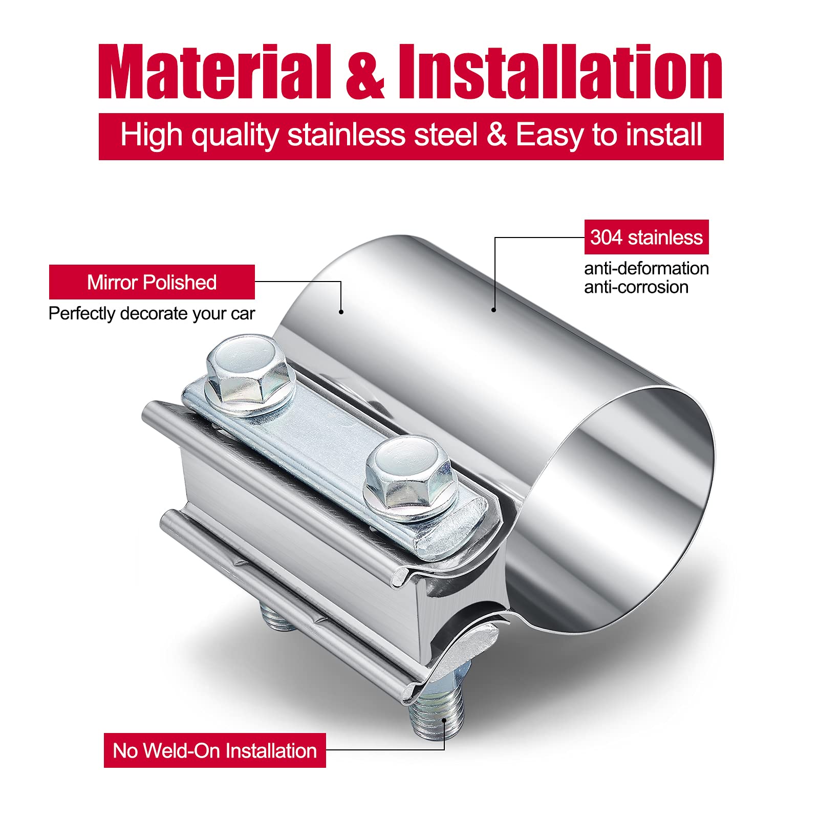 Sykrss 2.25'Stainless Steel Butt Joint Exhaust Seal Band Clamp 2Pcs