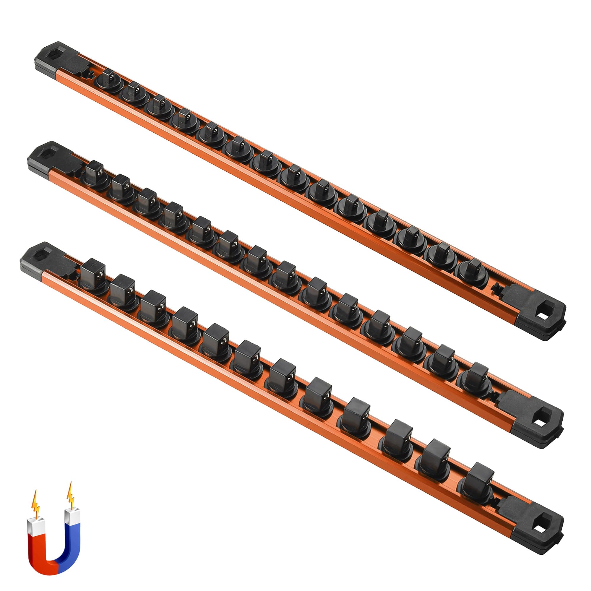 ALOANES 3-Piece Magnetic Rail Organizer, Heavy Duty Aluminum Rails, 360 Swivel Clips Socket Holder Kit for Tool Box, 1/2, 3/8, 1