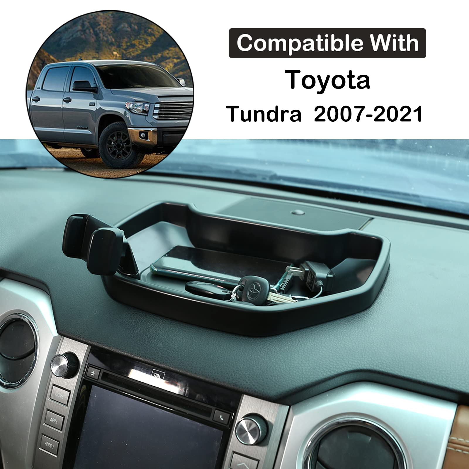 Aunginsy Dashboard Storage Box Organizer Holder Tray Fit Toyot@A Tundra 2007-2021 Car Center Console Dash Tray Storage Box Dashboard Storage Box Organizer Abs Interior Accessories, With Phone Holder-A