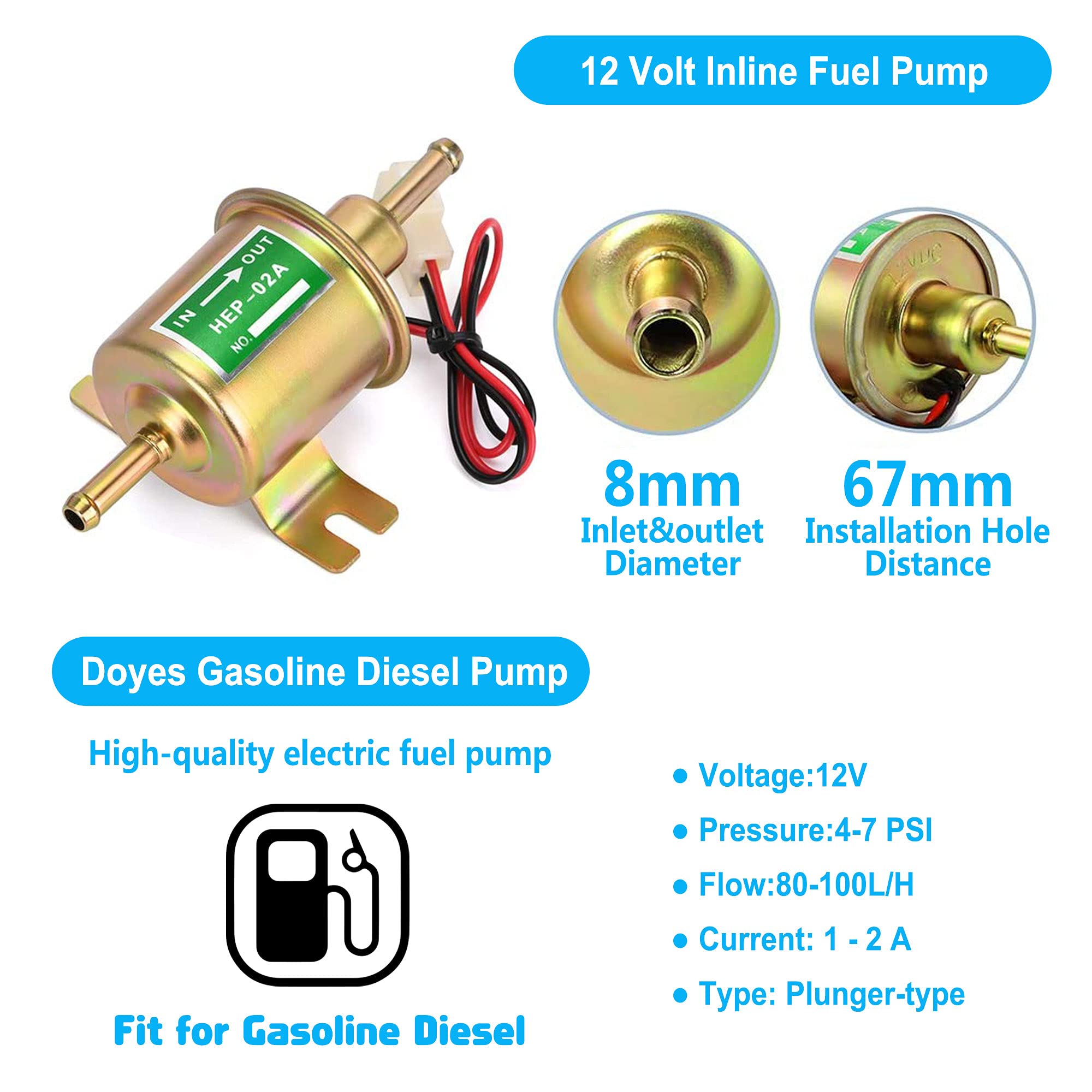 Electric Inline Fuel Pump 12V Universal Transfer Low Pressure Gas Diesel Gasoline Fuel Pump For Carburetor Lawnmower 4-7 Psi