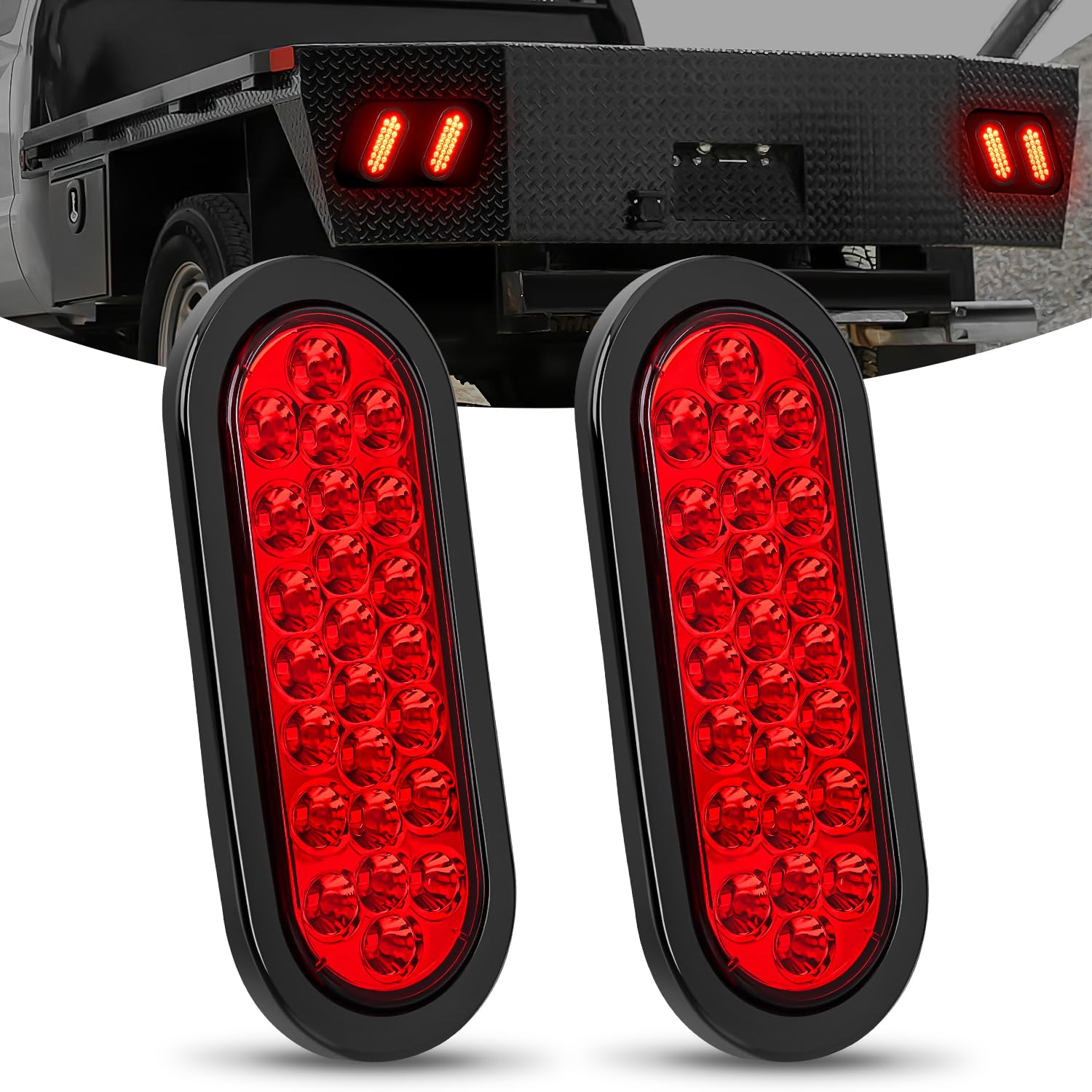 Nilight 6Inch Oval Trailer Tail Light 2Pcs Red 24Led Stop Brake Turn Marker Lights W/Flush Mount Grommets Plugs Ip67 Waterproof