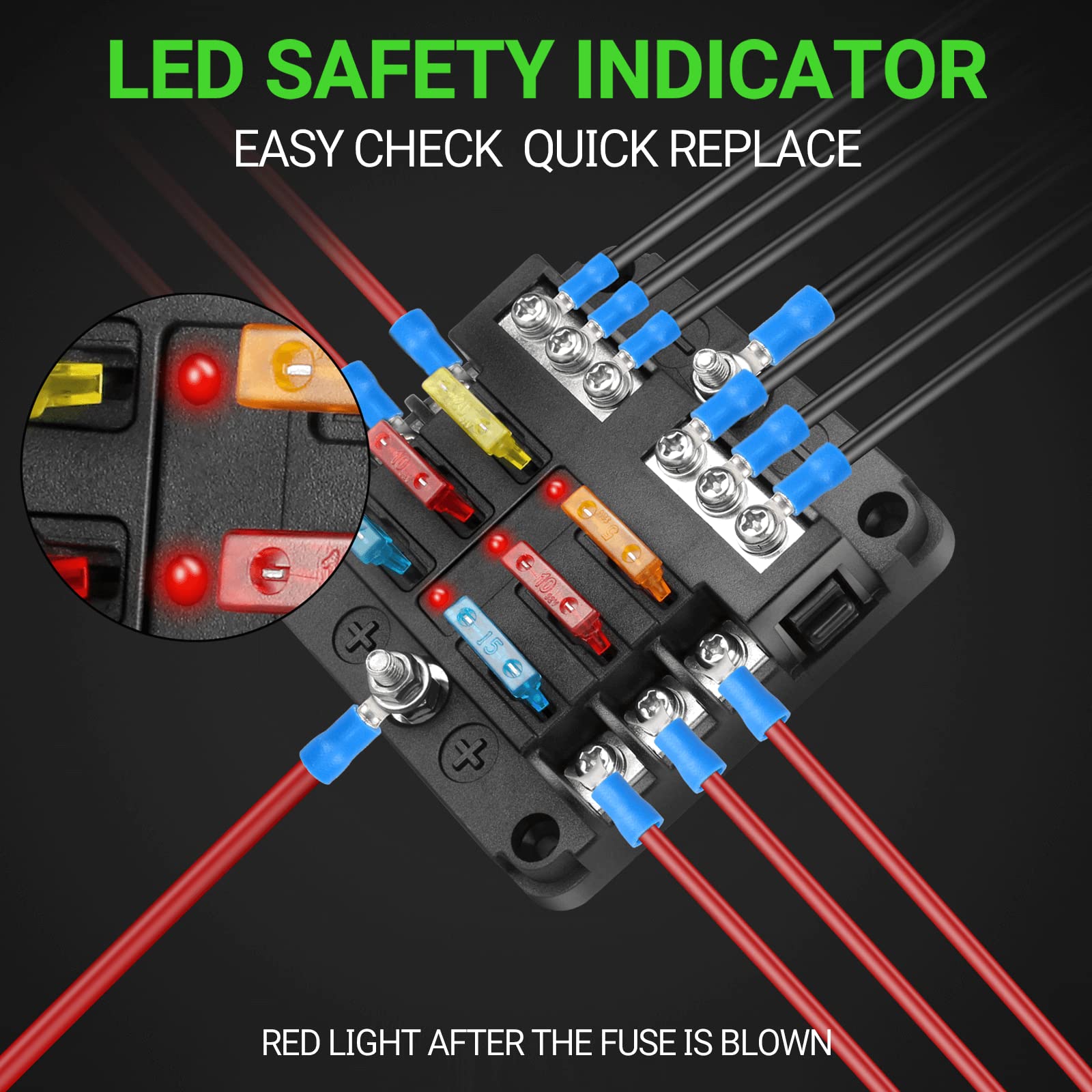 12V Fuse Block 6 Circuit Fuse Box Kit With Damp-Proof Fuse Panel Led Warning Indicator For Marine Automotive Motorcycle Rv Truck Dc 12-24V(12Pcs Fuses And Terminals Included)