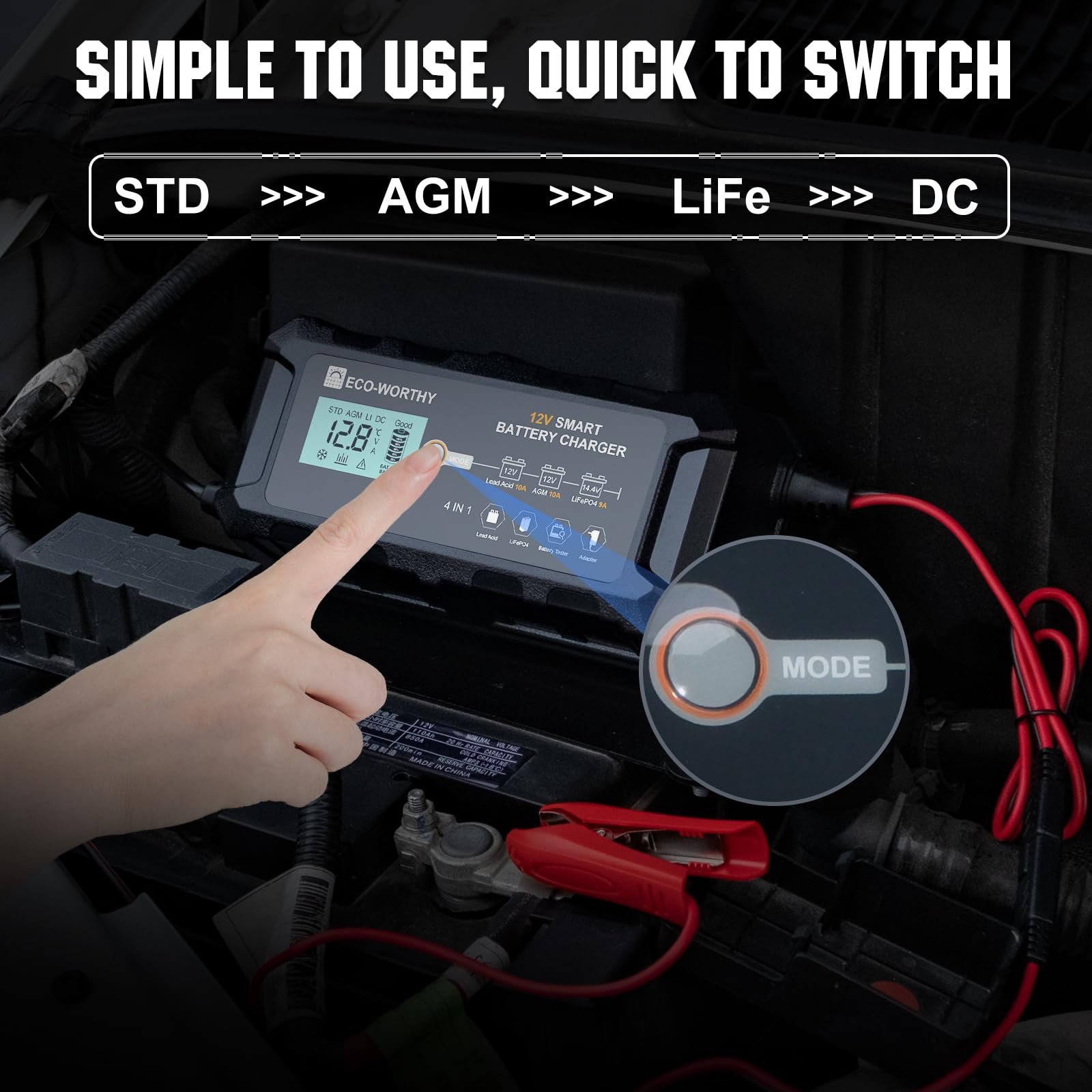 ECO-WORTHY 10-Amp 12V Smart Fully Automatic Battery Charger Maintainer Trickle Charger for Lead Acid LiFePO4 Battery Car Motorcy